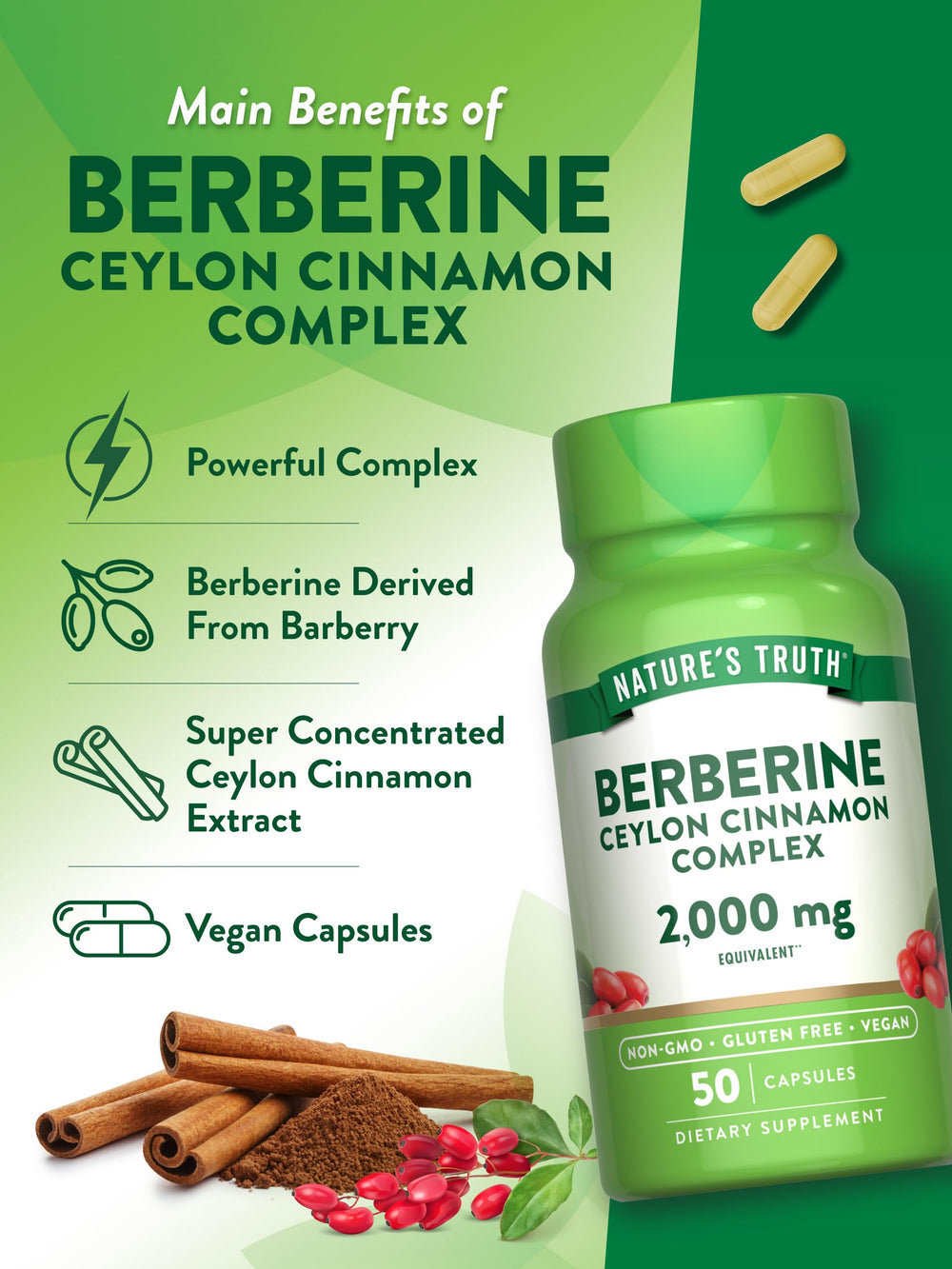 Nature's Truth Berberine Cinnamon glass bottle—premium supplement packaging