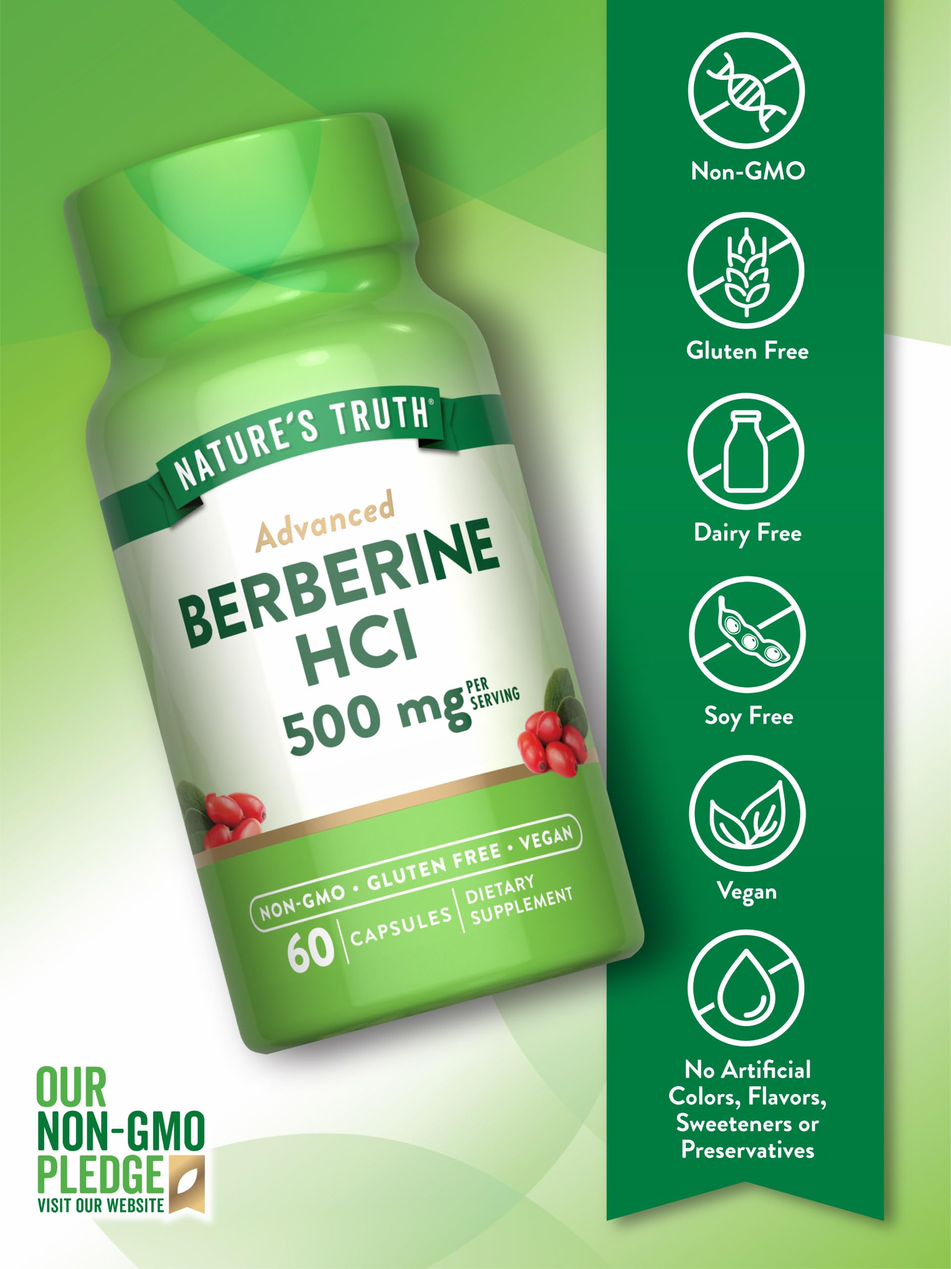 Nature's Truth Berberine HCl bottle close-up emphasizing purity and easy dosing.