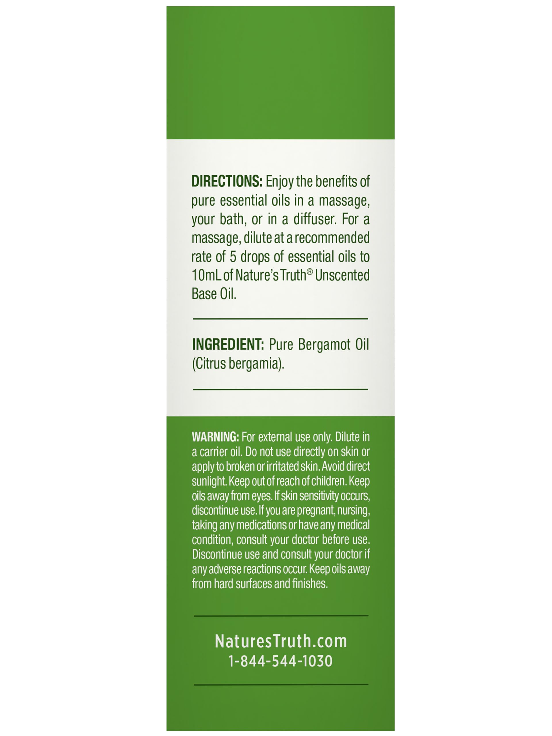 Nature's Truth Bergamot oil packaging highlighting Non-GMO and gluten-free