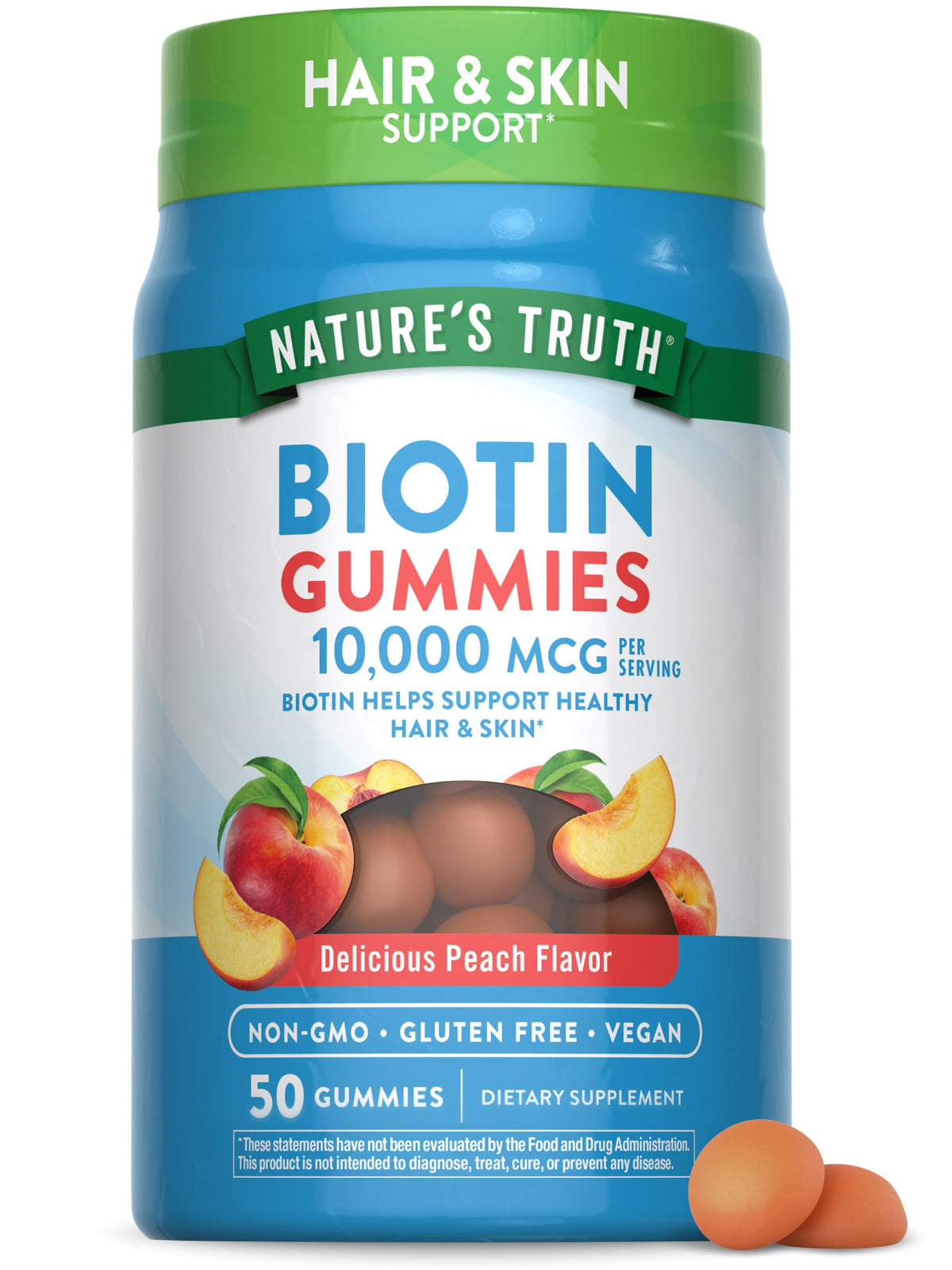 Nature's Truth Biotin Gummies peach bottle for daily hair and skin support.