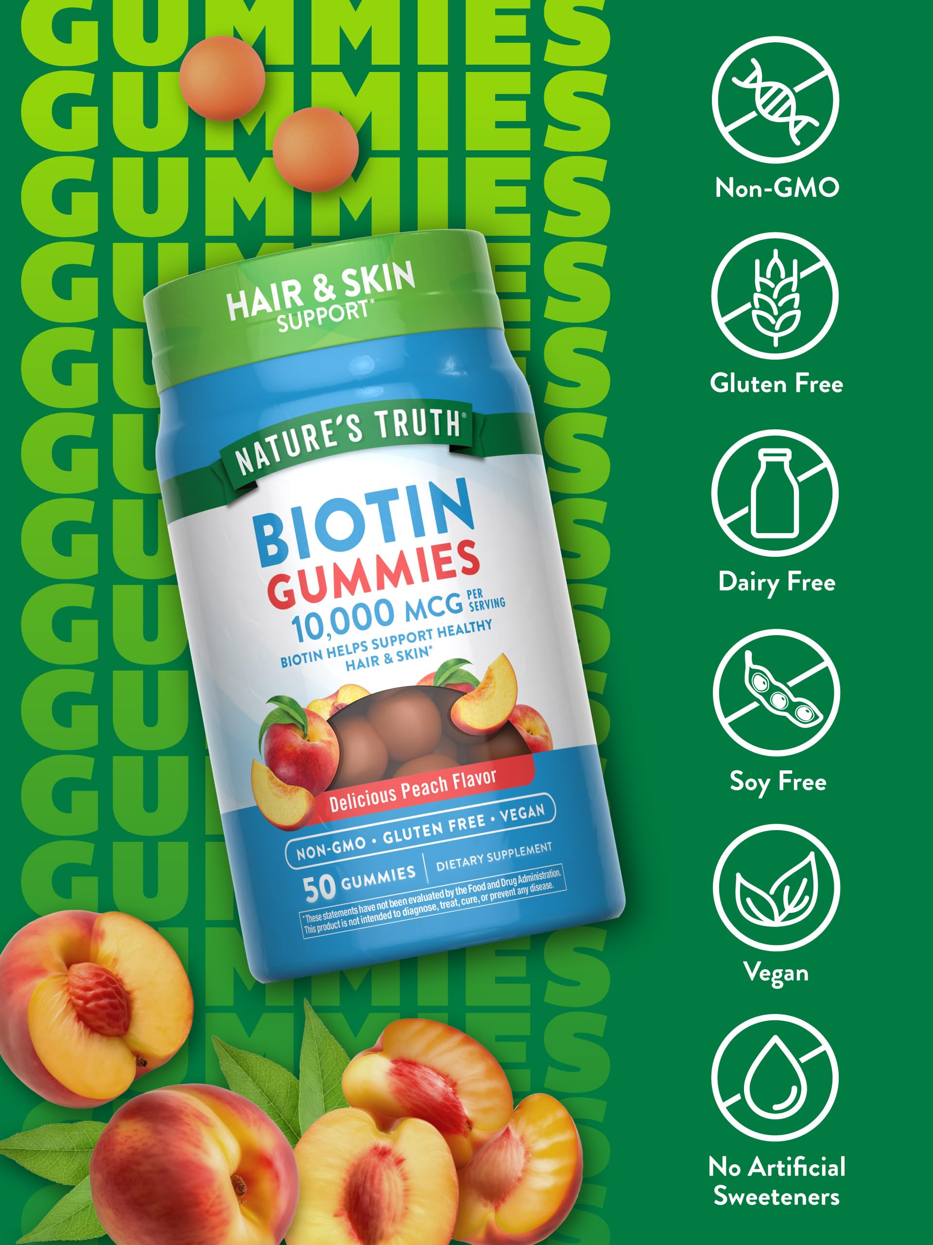 Nature's Truth Biotin Gummies peach label highlights vegan, gluten-free formula.