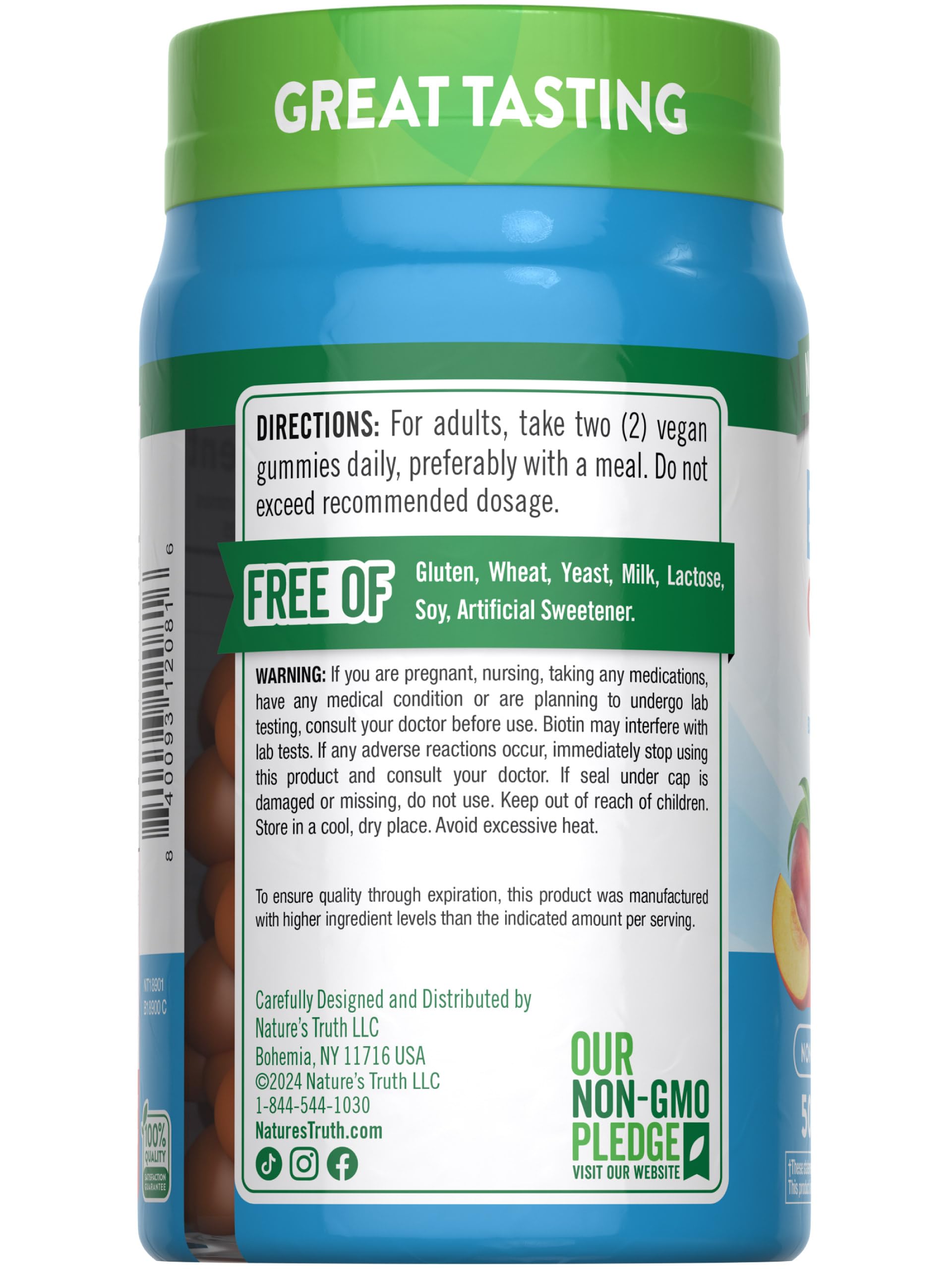 Nature's Truth Biotin Gummies peach vegan symbol communicates gluten-free status.