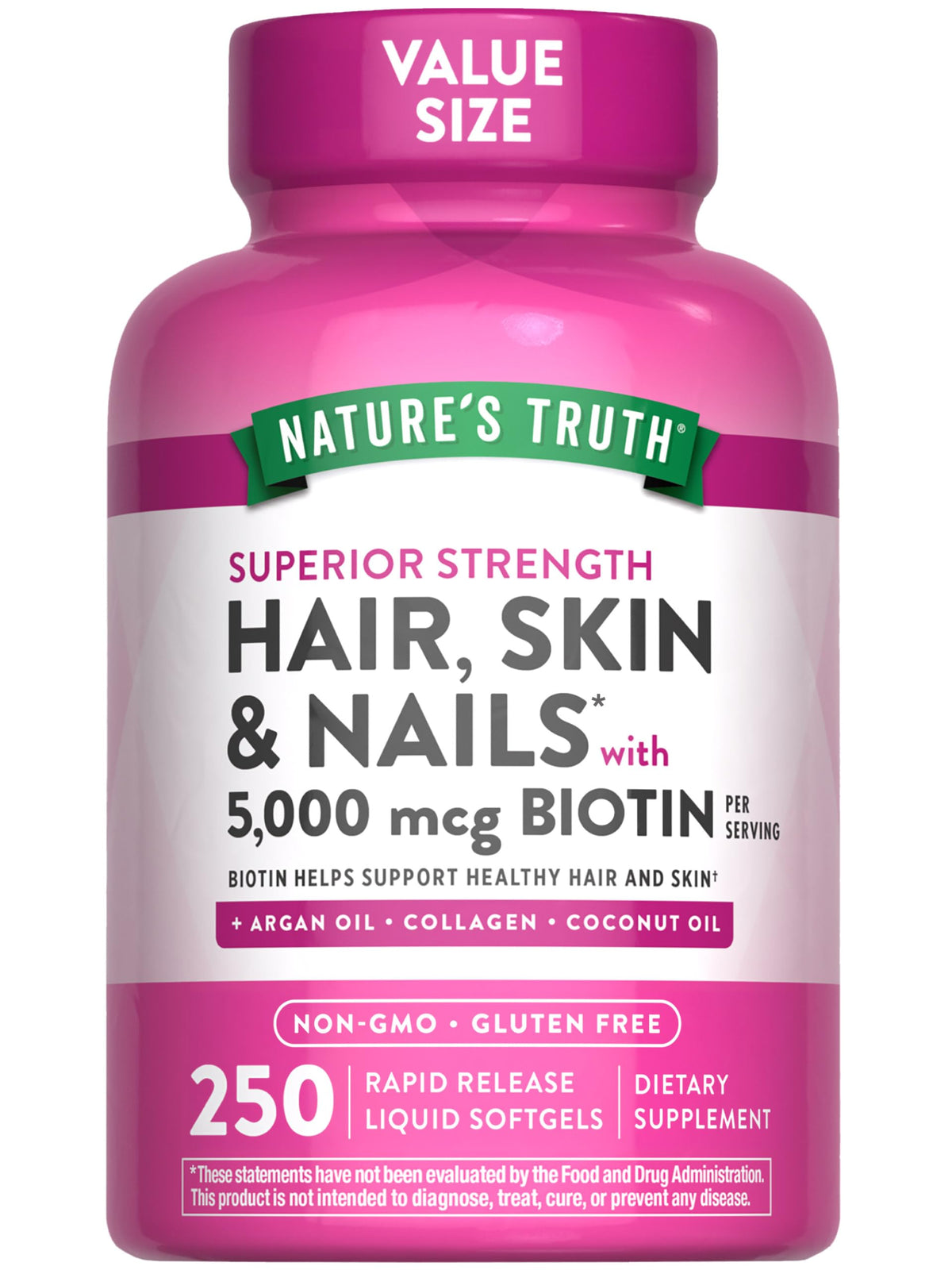 Nature's Truth Biotin softgels bottle for daily beauty support in a non-GMO formula