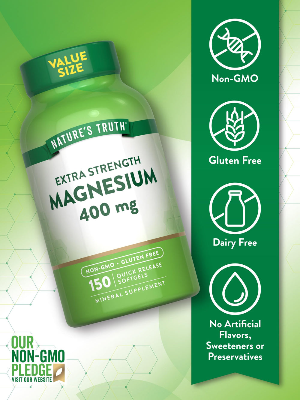 Nature's Truth bottle label detail emphasizing non-GMO and gluten-free features