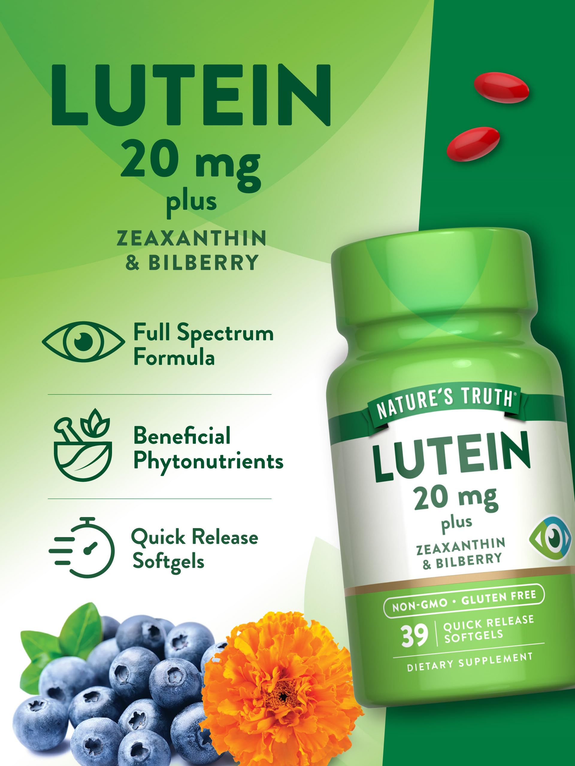 Softgels beside bottle suggest portable daily eye wellness.