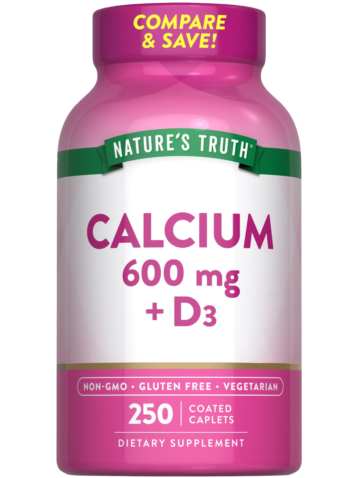 Nature's Truth Calcium 600mg with Vitamin D3 bottle front, easy daily supplement for calcium and D3.