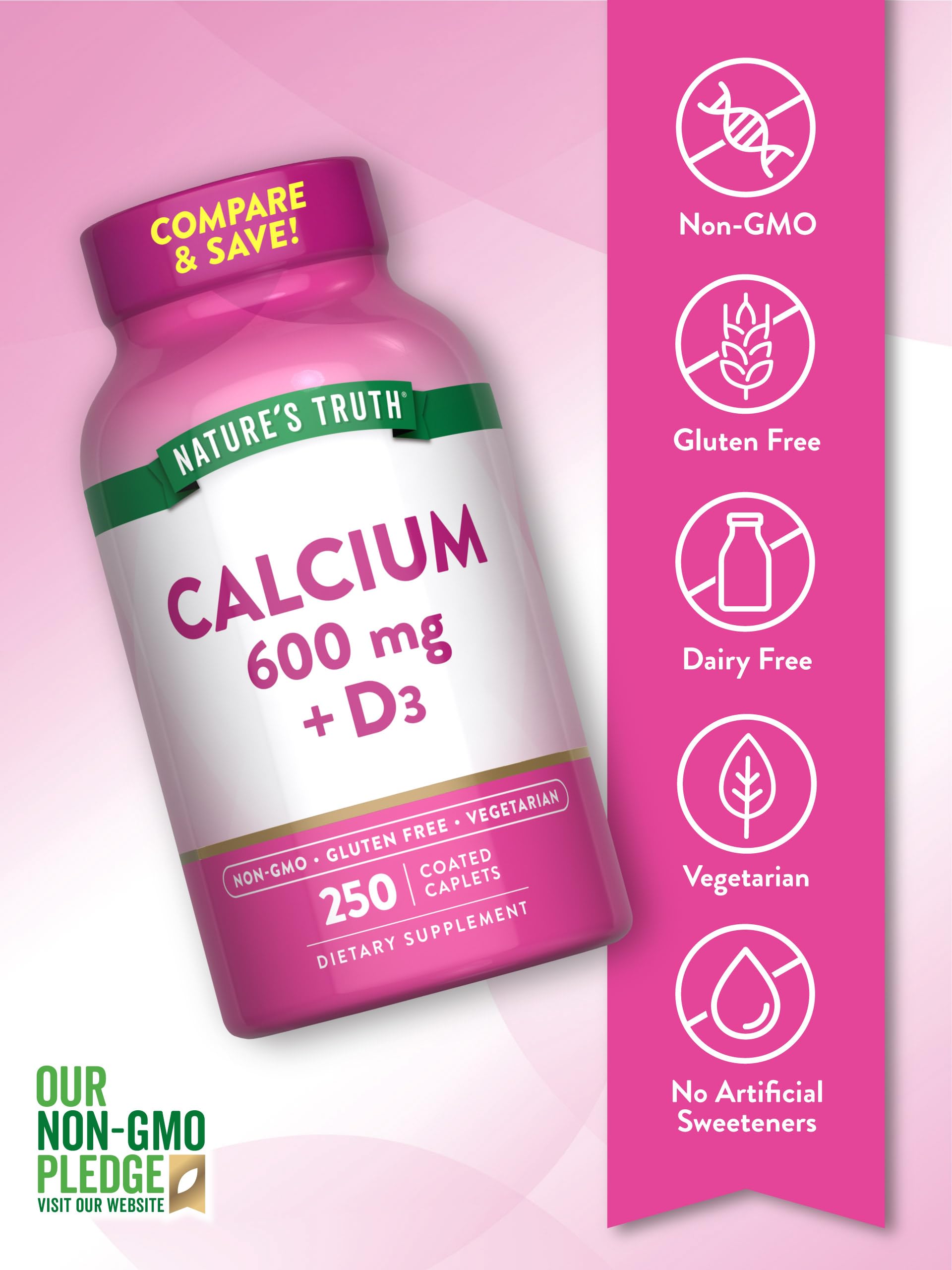 Close-up of Nature's Truth calcium caplets, smooth vegetarian coating and easy swallow.