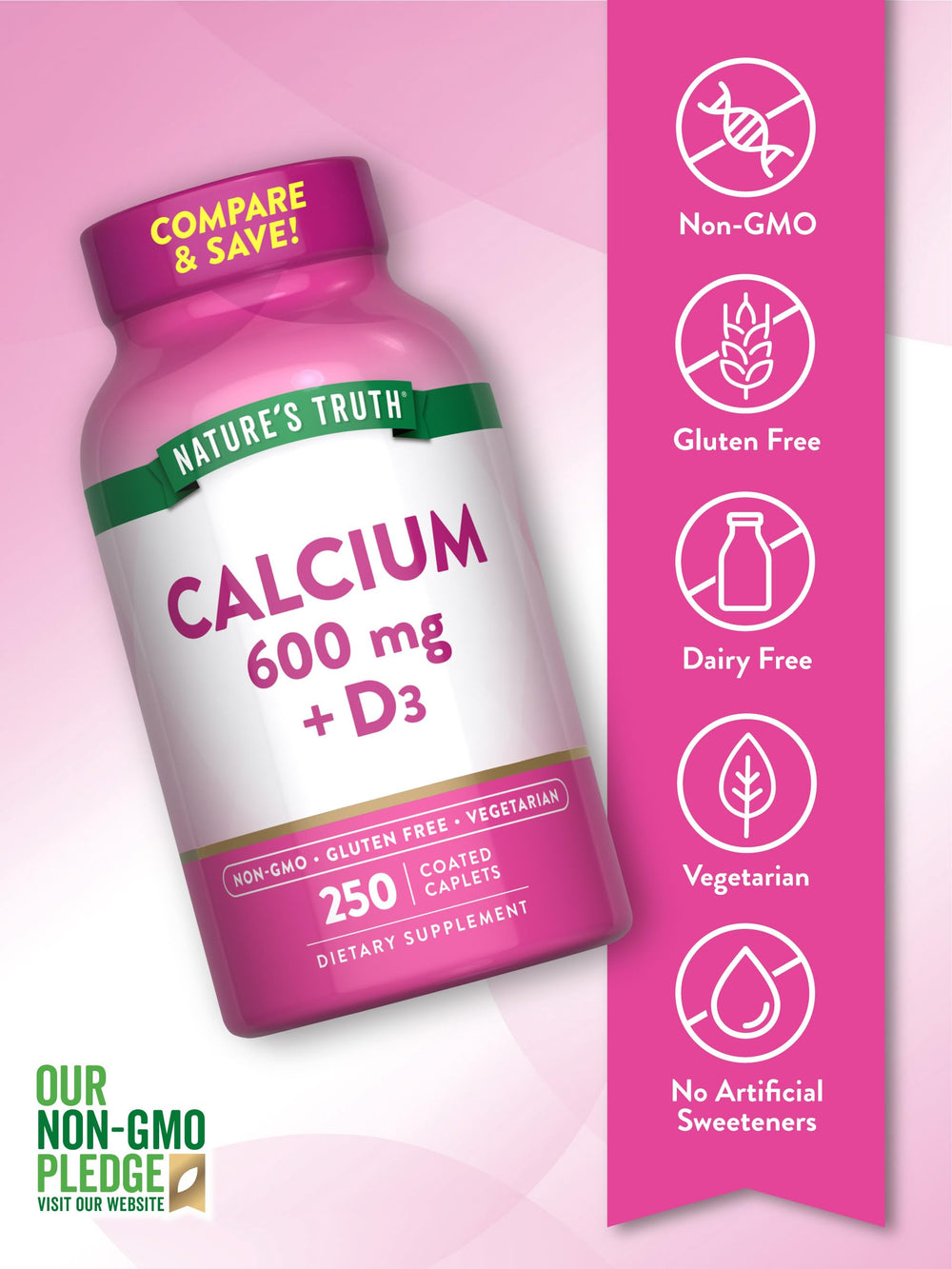 Close-up of Nature's Truth calcium caplets, smooth vegetarian coating and easy swallow.