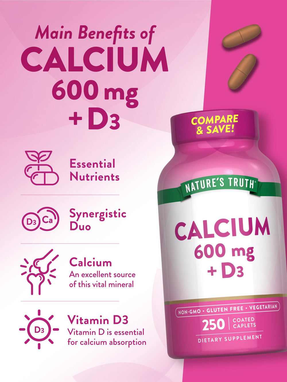 Graphic highlighting calcium and vitamin D3 pairing for daily support.