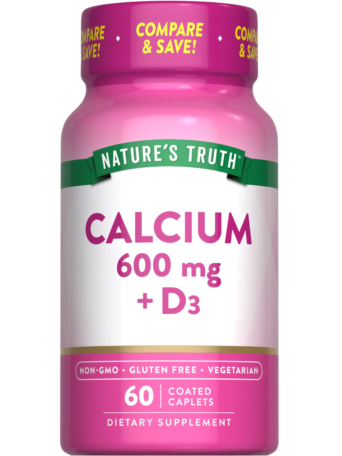 Nature's Truth Calcium 600 mg with Vitamin D3 caplets in bottle, potential bone wellness support.
