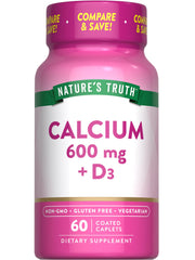 Nature's Truth Calcium 600 mg with Vitamin D3 caplets in bottle, potential bone wellness support.