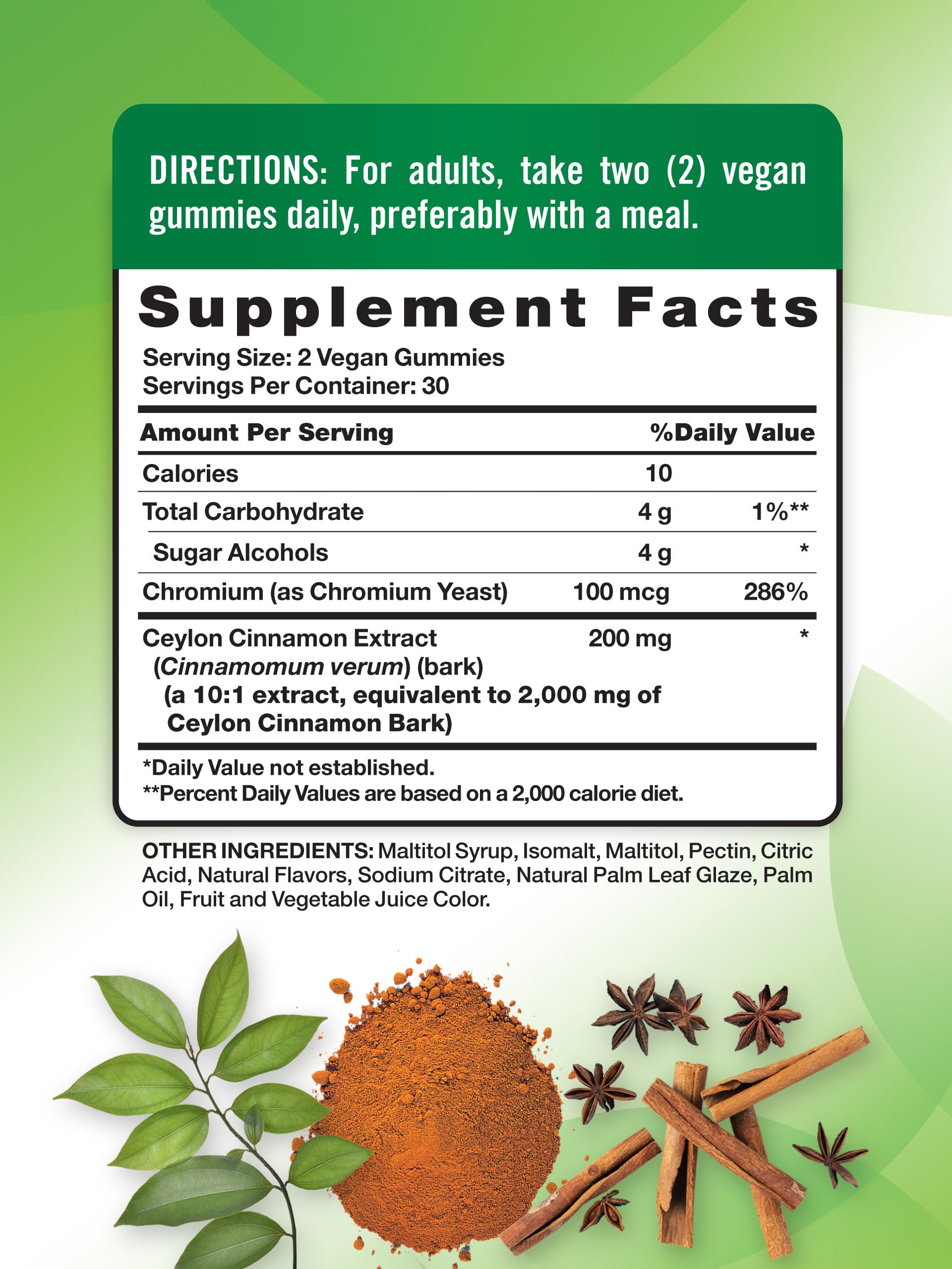 Ingredients panel of Nature's Truth Cinnamon Gummies showing cinnamon extract and chromium.