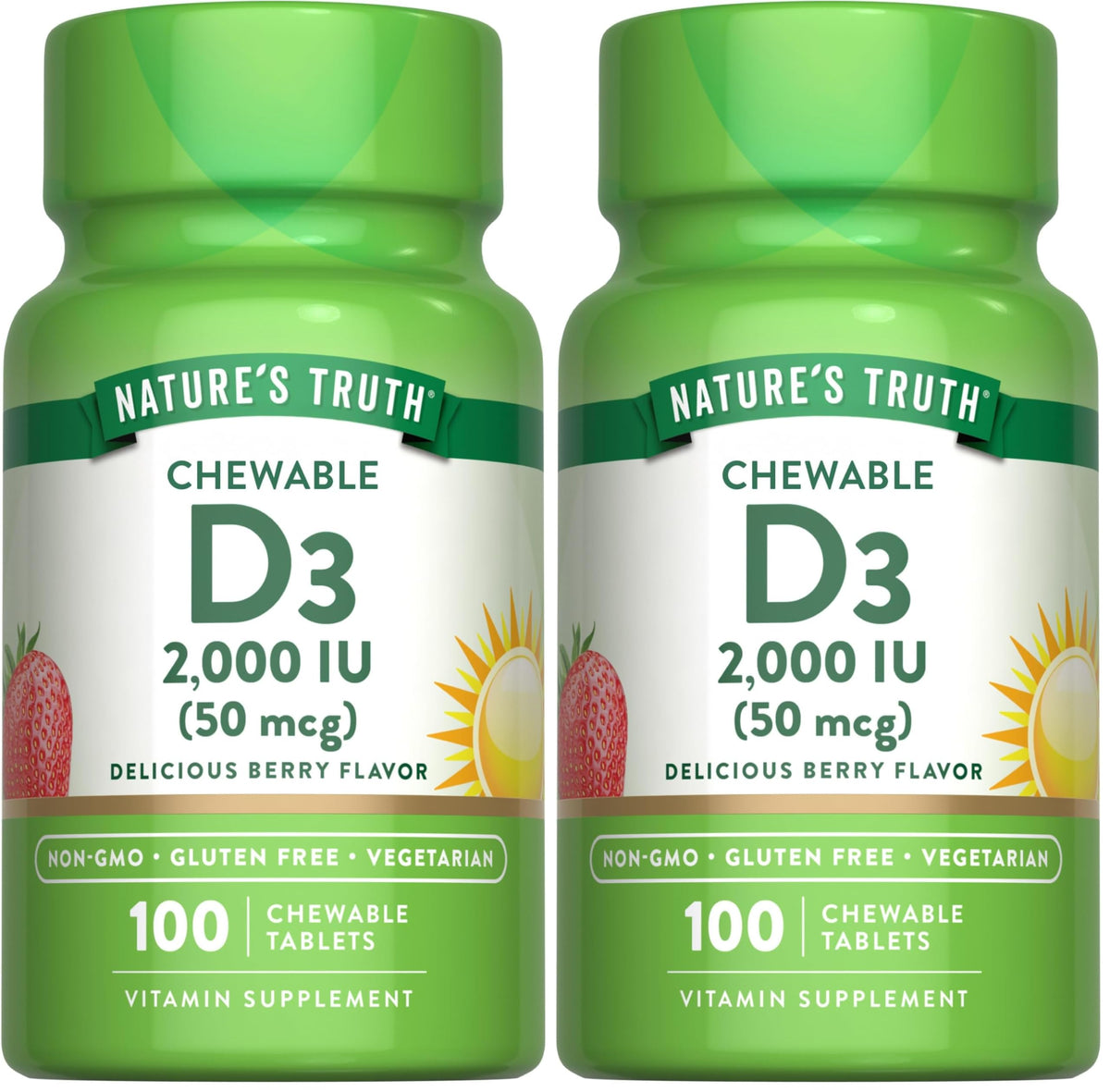 Nature's Truth vitamin D3 berry chewables bottle highlights vegetarian daily wellness option.