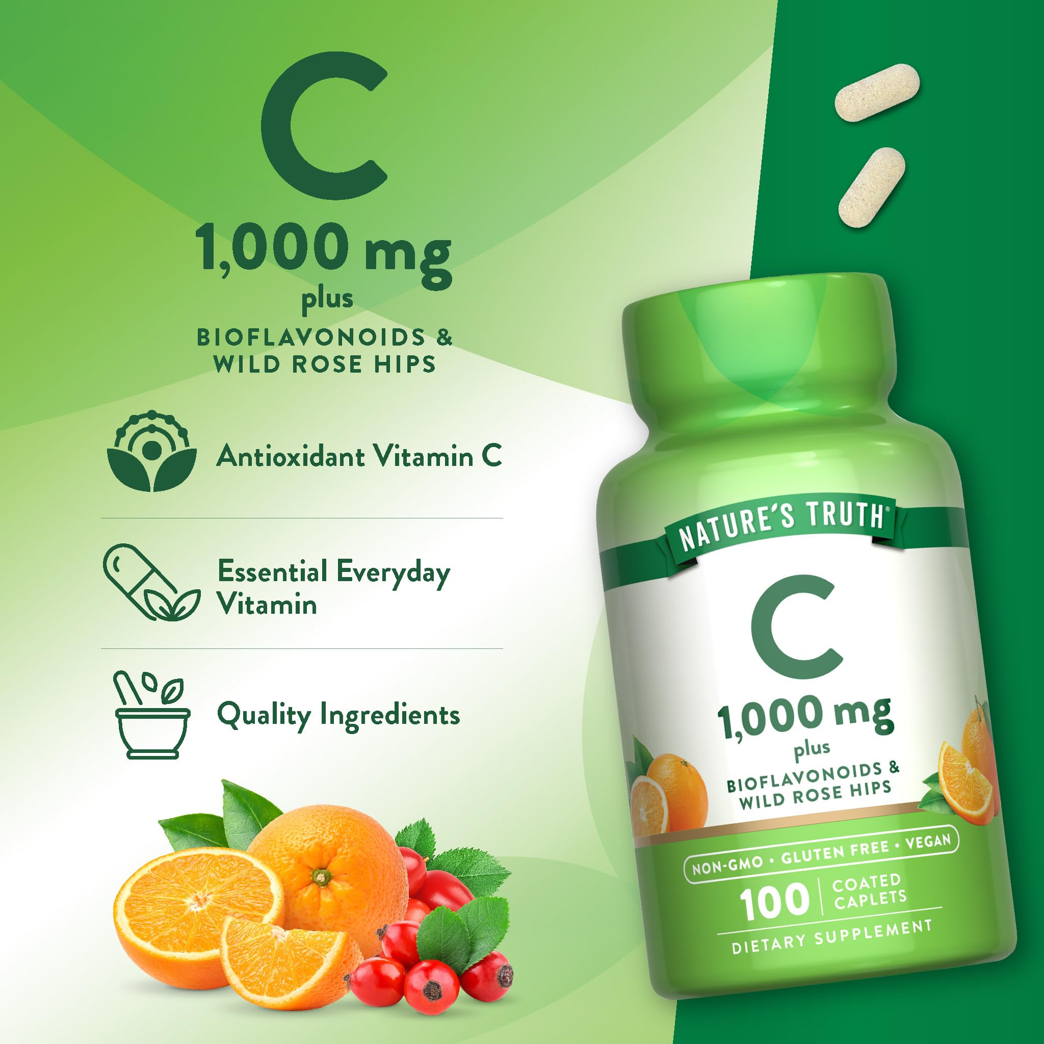 Nature's Truth bottle close-up shows coated caplets designed for easy daily use.