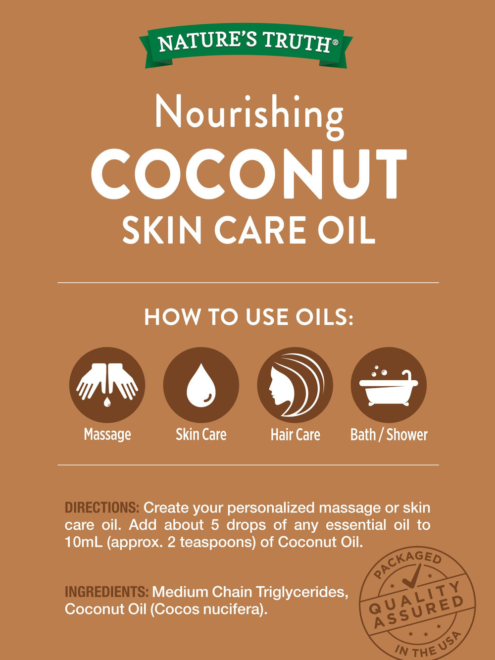 Nature's Truth Coconut Oil bottle pour demonstrates versatile massage and skincare use.