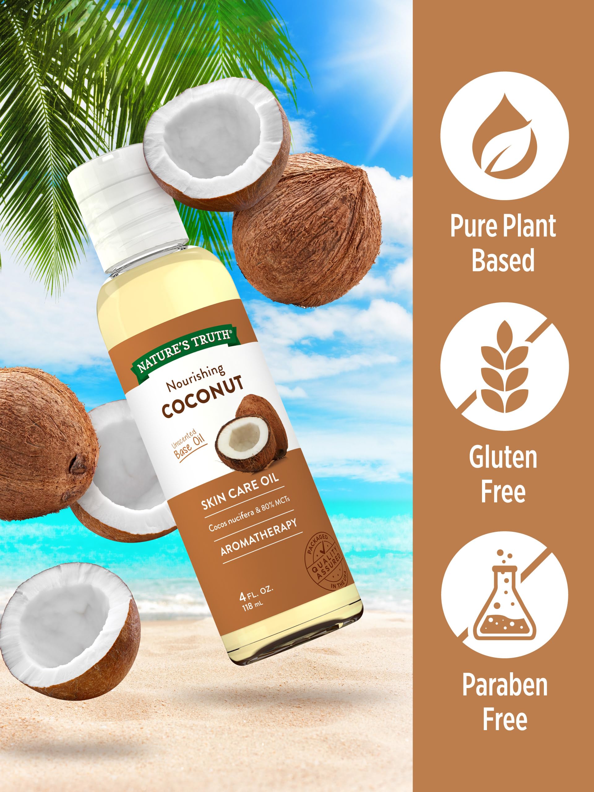 Nature's Truth Coconut Oil label closeup highlights clean beauty and allergy-friendly formula.