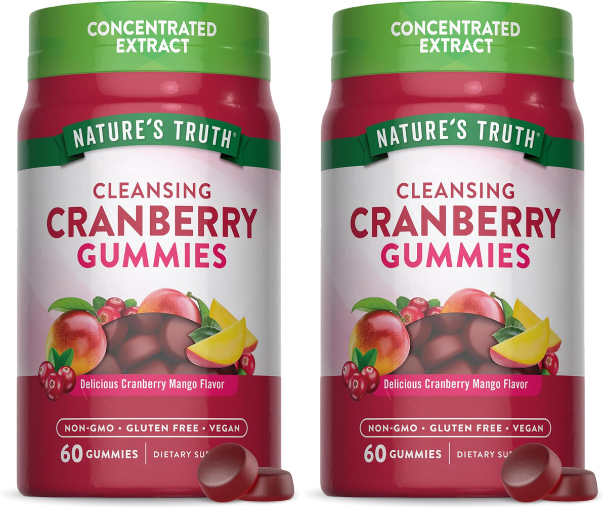 Nature's Truth Cranberry Gummies bottle close-up showing vegan, non-GMO formula for daily wellness