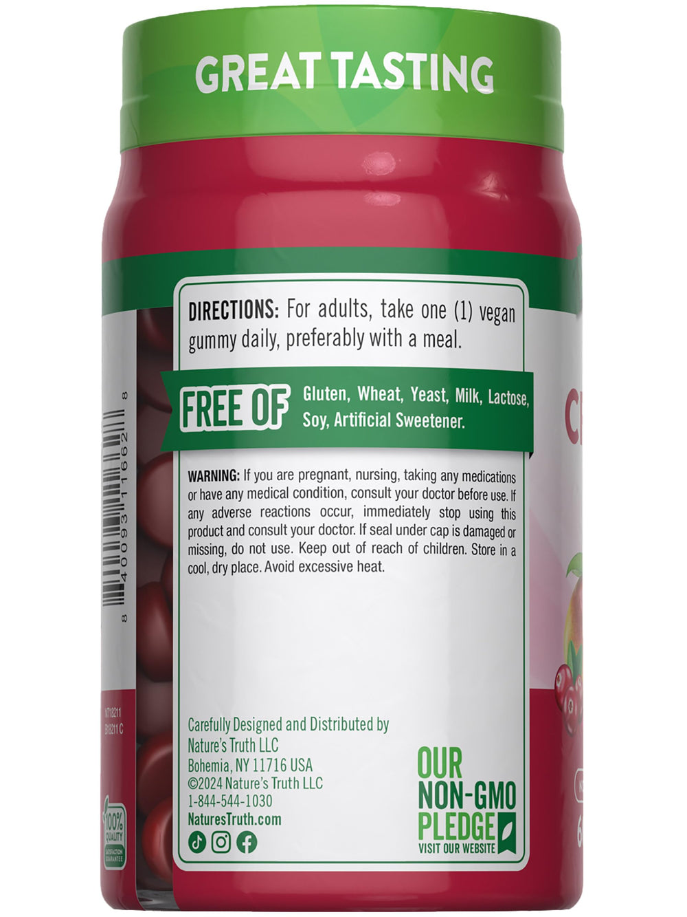 Nature's Truth Cranberry Gummies bottle close-up noting per-pack serving