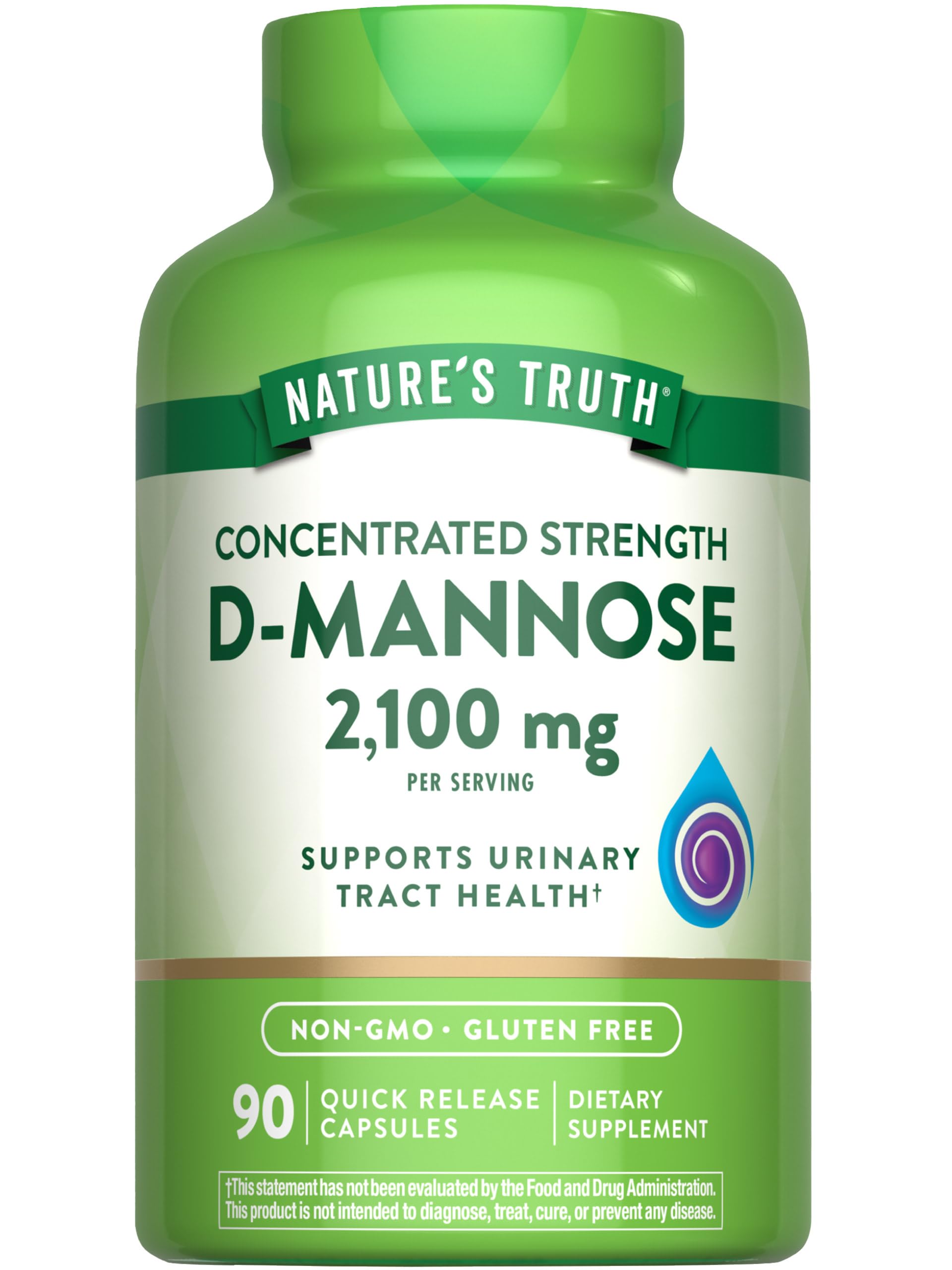 Nature's Truth D-Mannose pills bottle showing 2100 mg per serving for daily use.