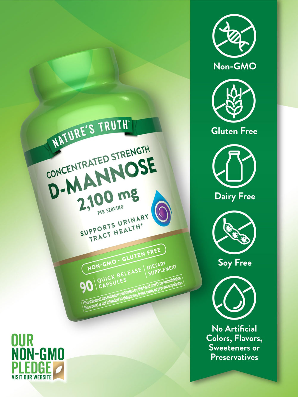 Nature's Truth D-Mannose packaging highlights non-GMO and gluten-free attributes.