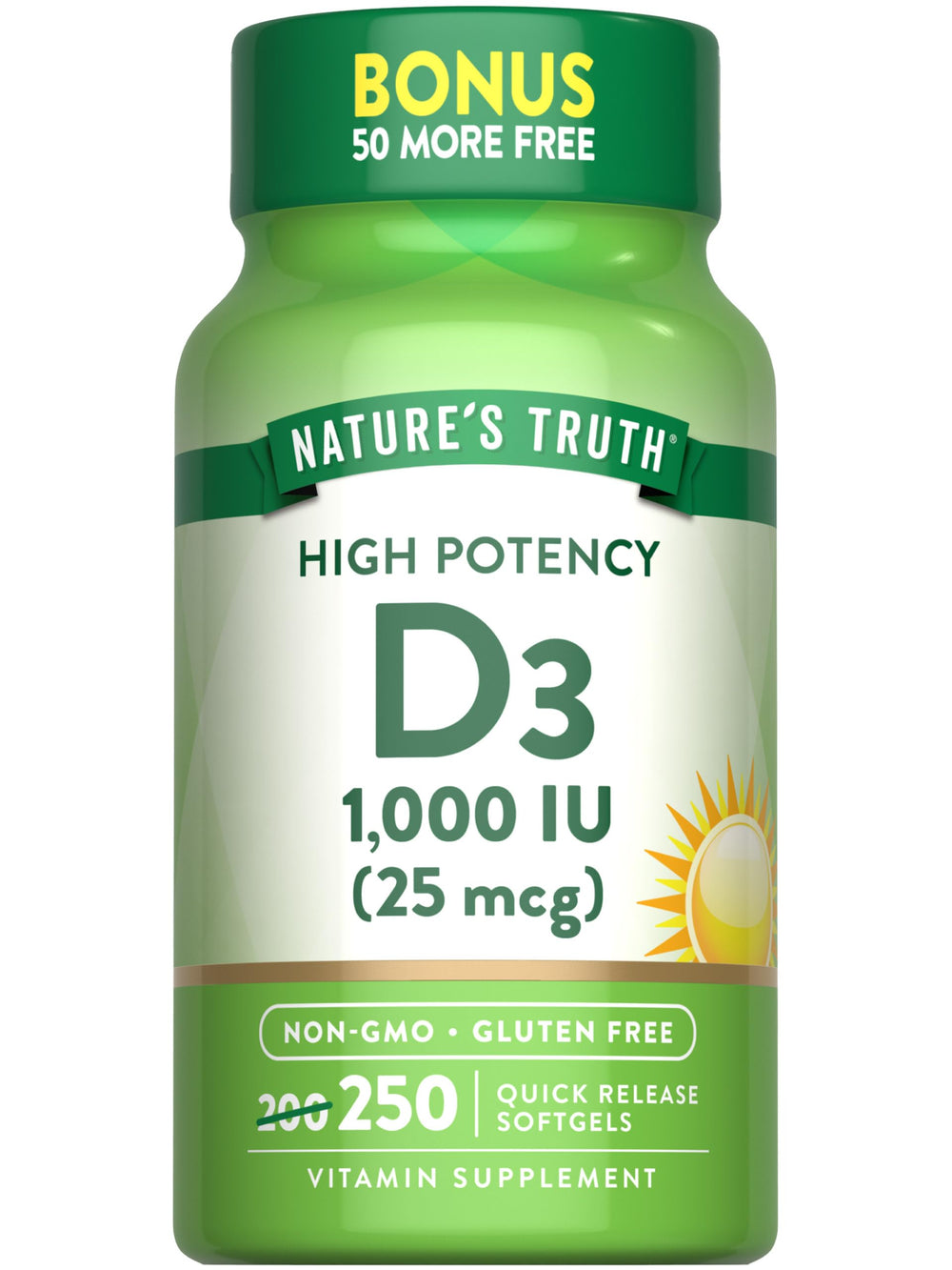 Nature's Truth D3 1000 IU softgel bottle, a convenient daily vitamin D source.