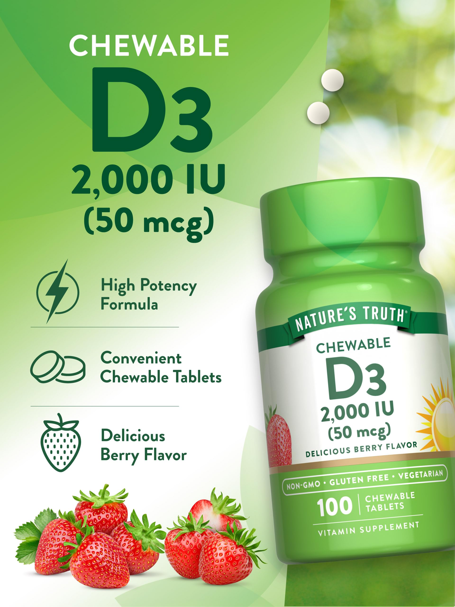 Nature's Truth D3 chewables open-pack scene emphasizes easy daily use.