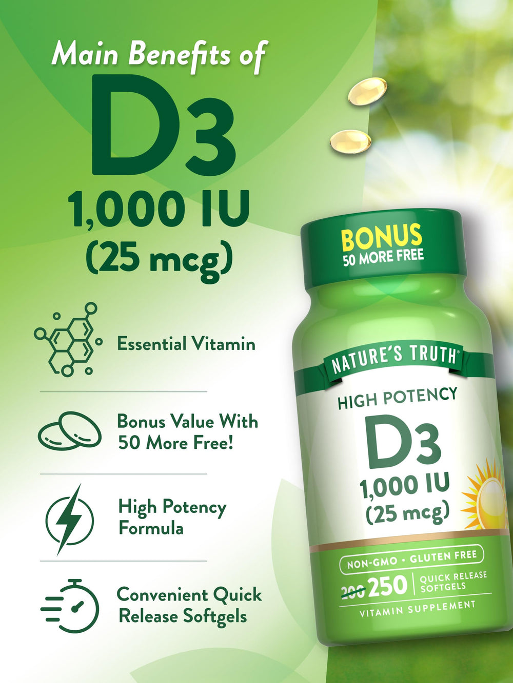 Nature's Truth D3 gluten-free label displaying clean ingredients.