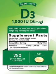 Close-up of Nature's Truth D3 softgels for easy daily wellness support.
