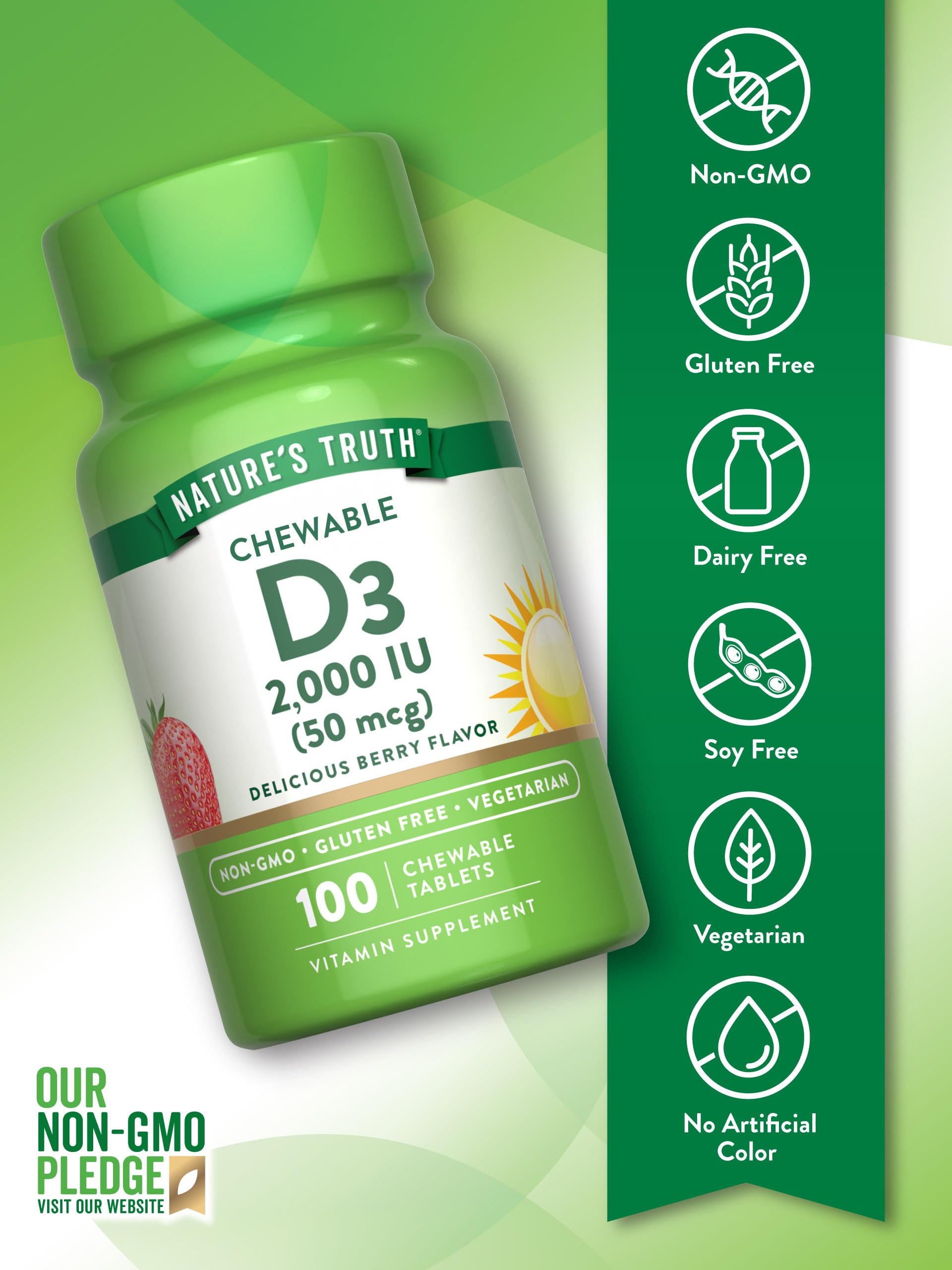 Nature's Truth D3 vegetarian chewables close-up emphasizes plant-based vitamin source.