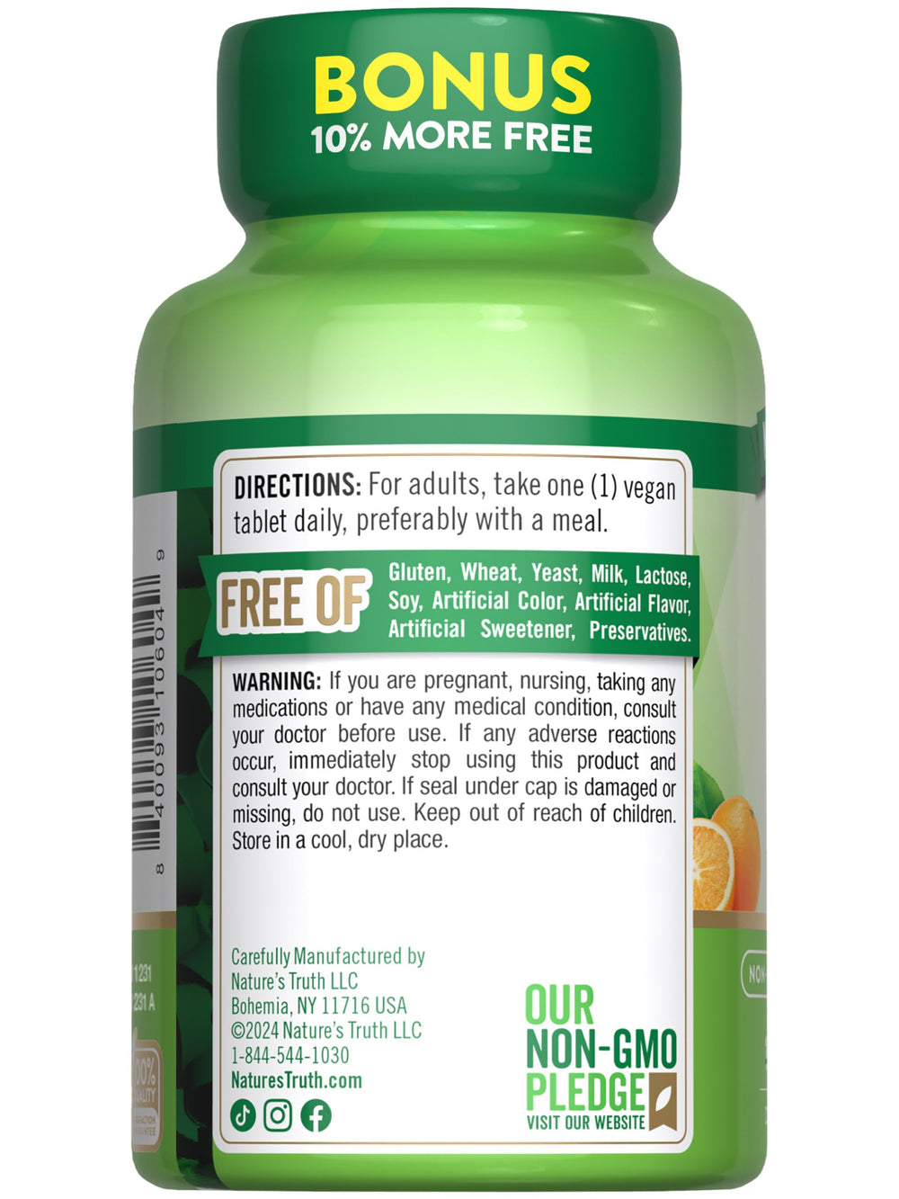 One-tablet-per-day usage shown with Nature's Truth Vitamin C bottle.