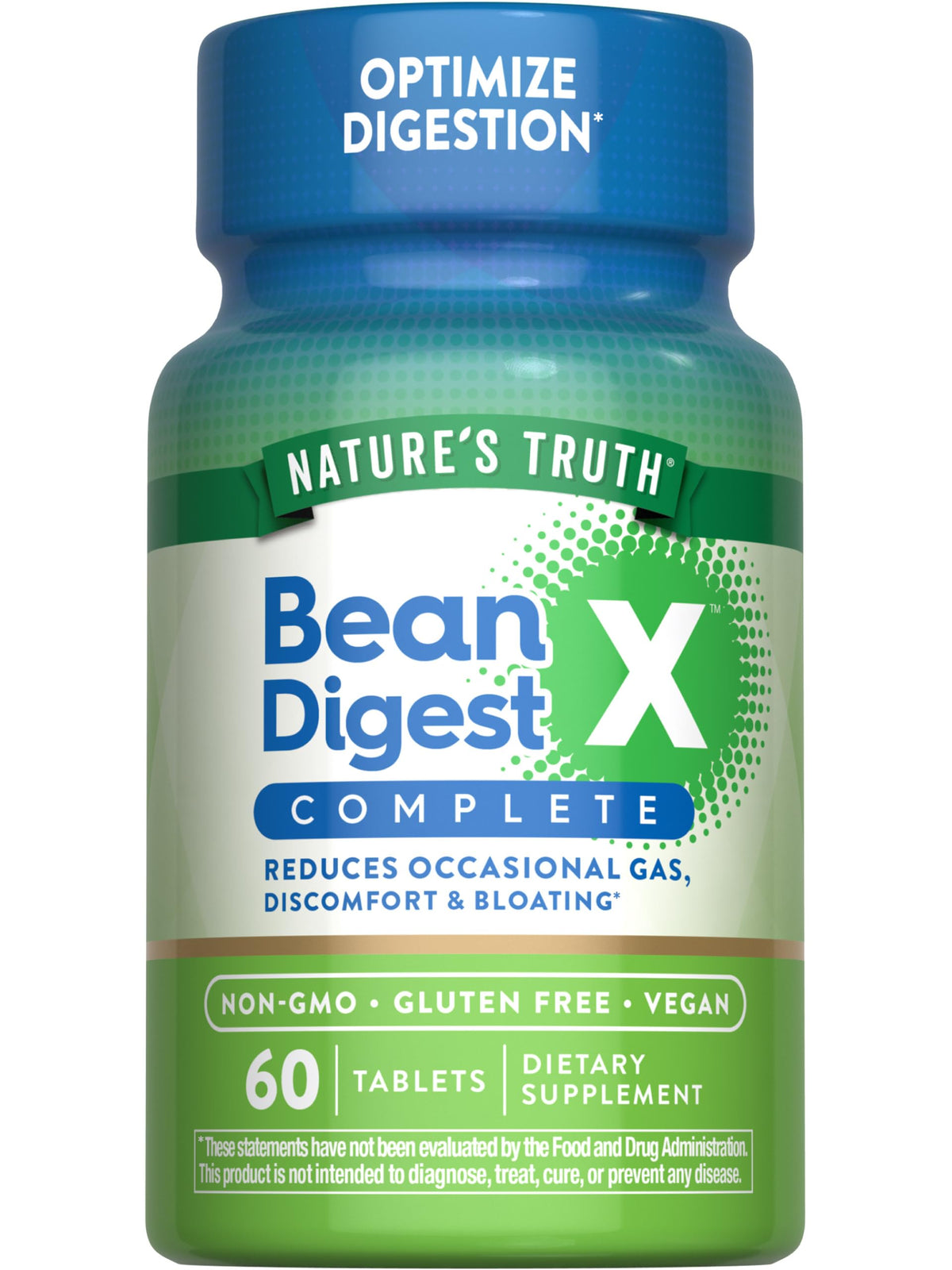 Nature's Truth Digestive Enzymes bottle pour illustrating meal-time support for beans and vegetables