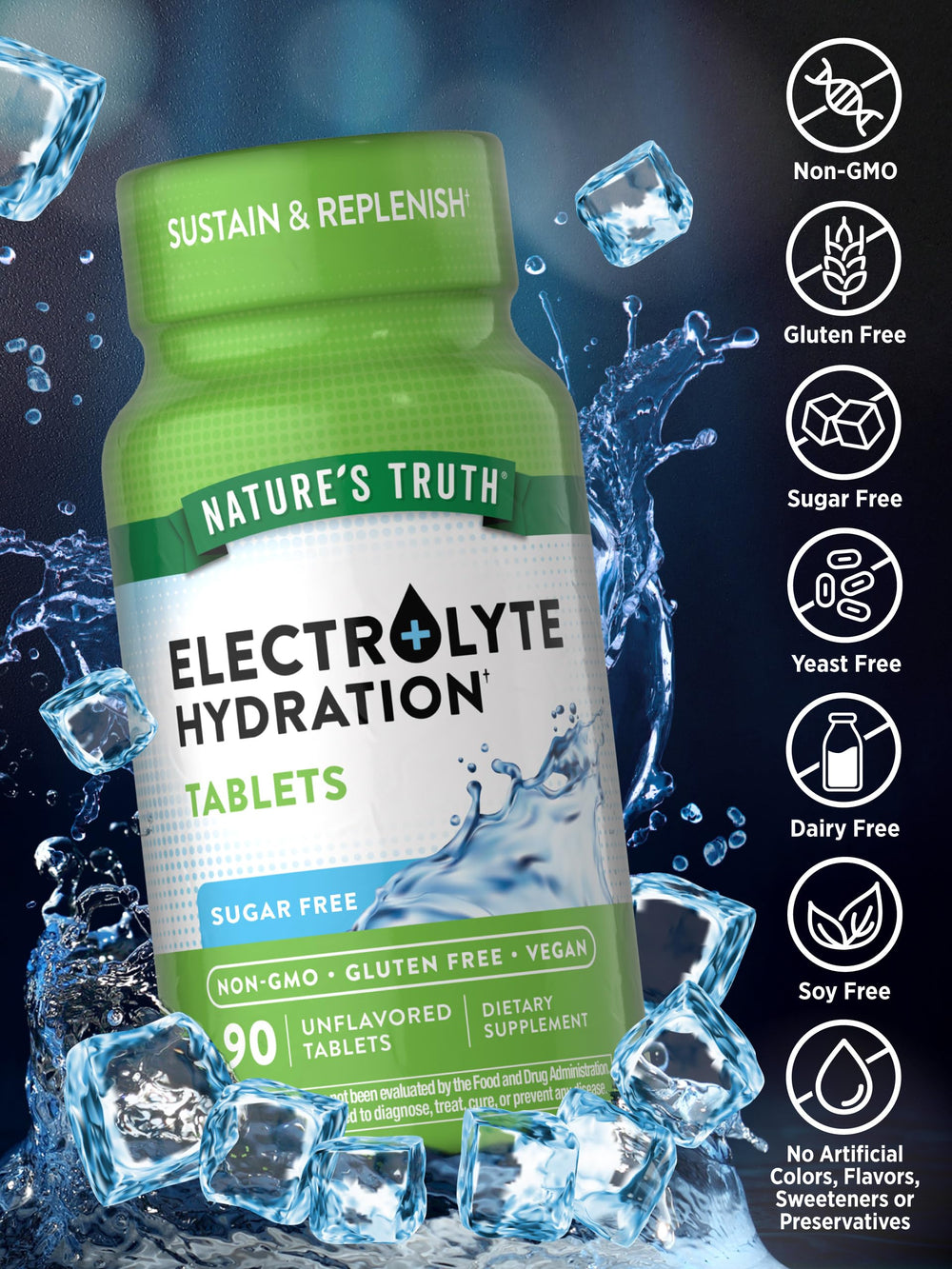 Nature's Truth electrolyte tablets label close-up highlighting gluten-free and non-GMO claims