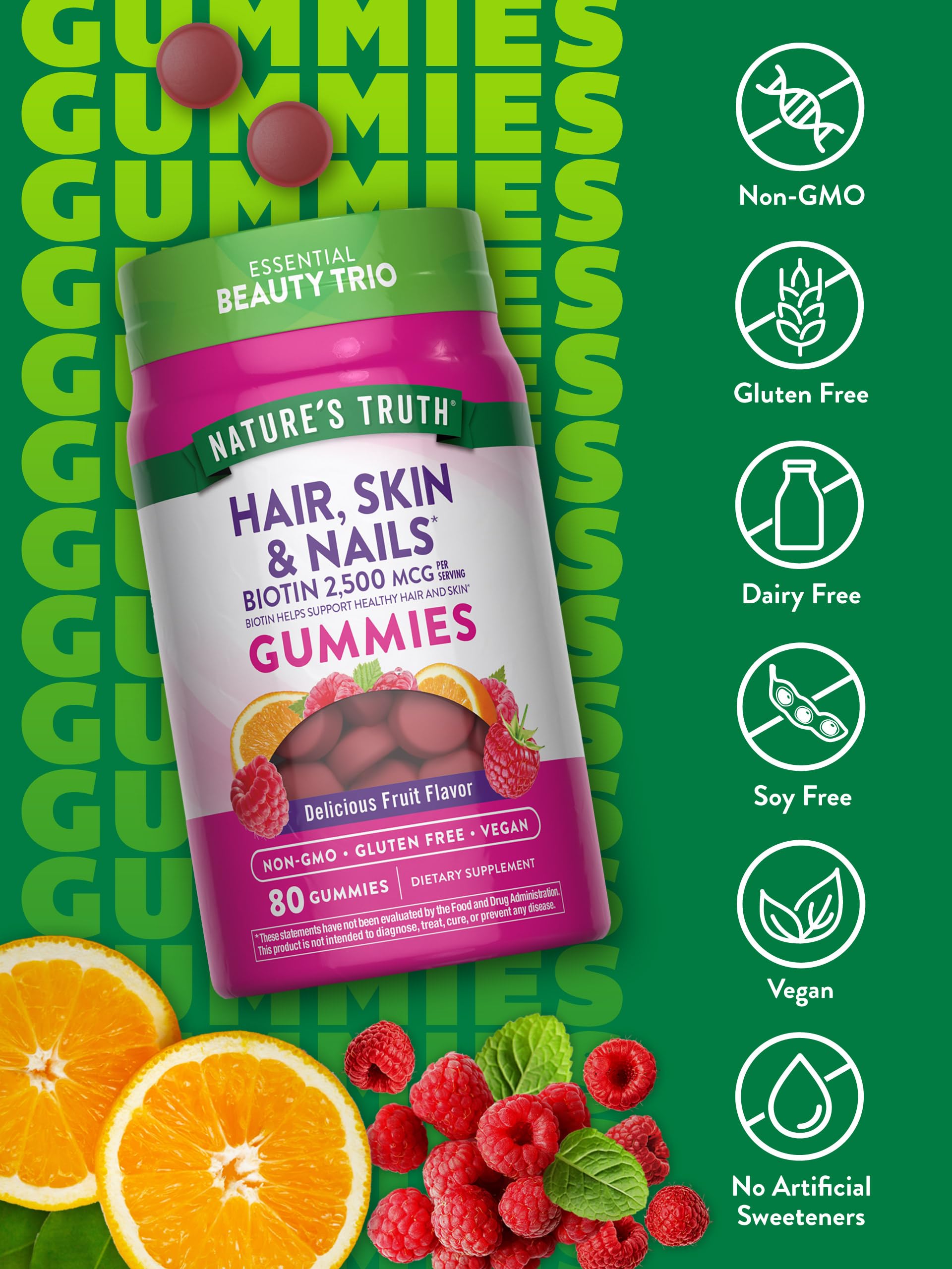 Nature's Truth etiqueta con biotina y vitaminas para cabello y uñas