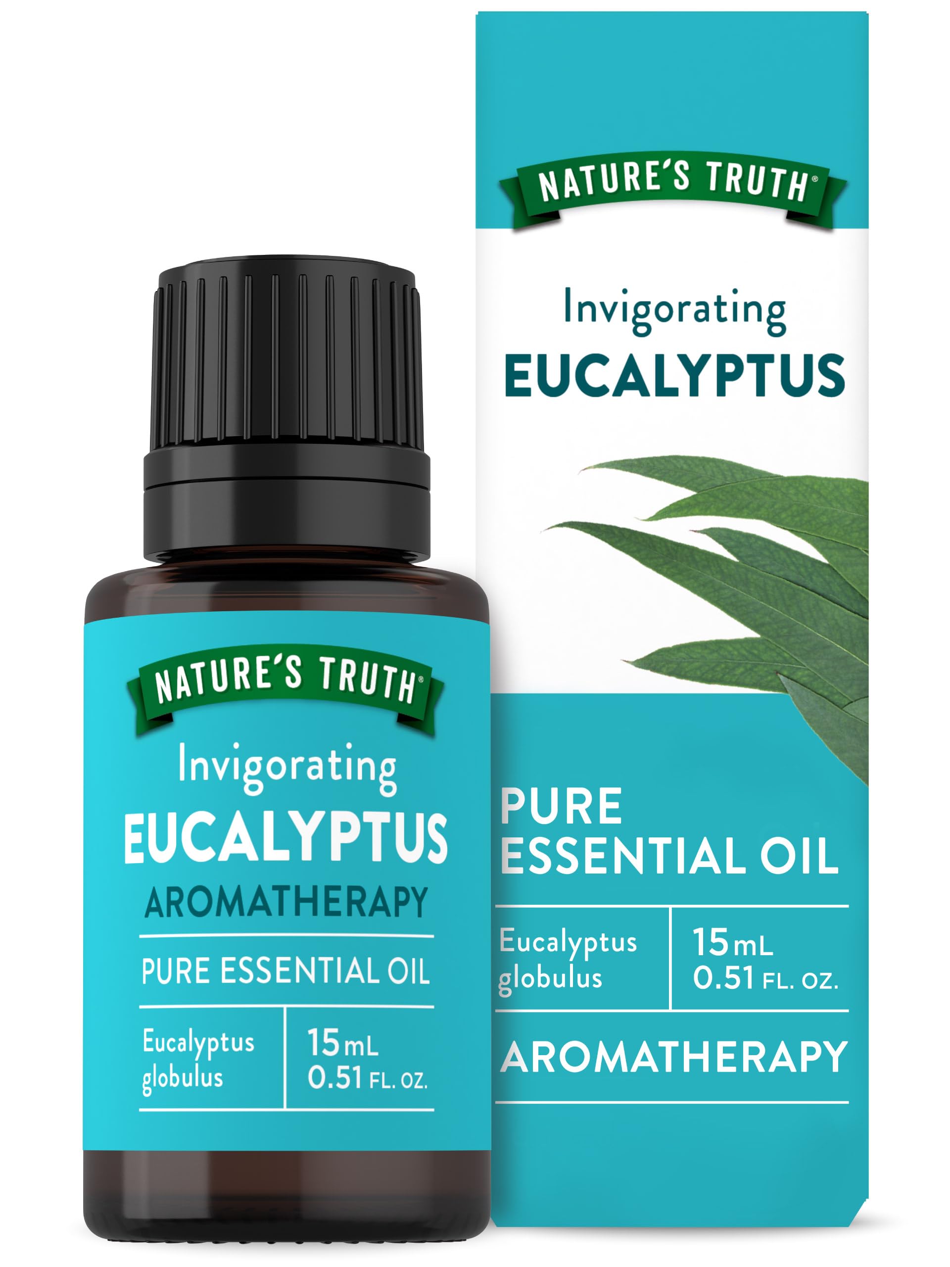 Nature's Truth eucalyptus essential oil bottle pouring for diffuser aromatherapy.