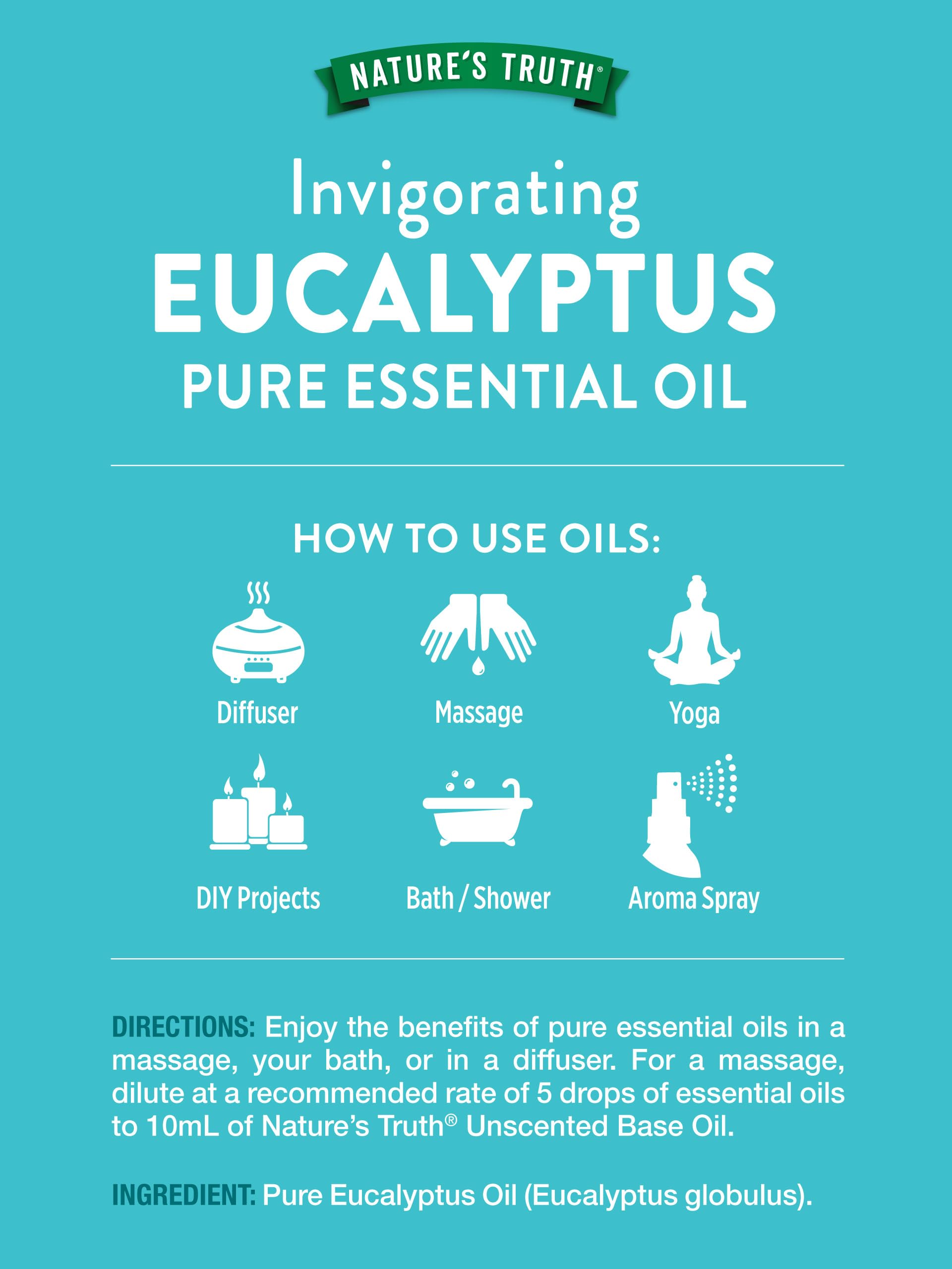 Nature's Truth eucalyptus oil bottle beside diffuser ready for room refresh.