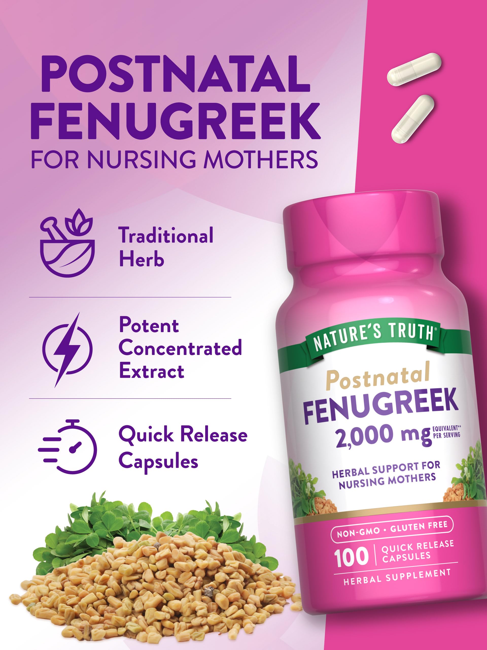 Nature's Truth fenugreek bottle pour demonstrating mess-free daily routine