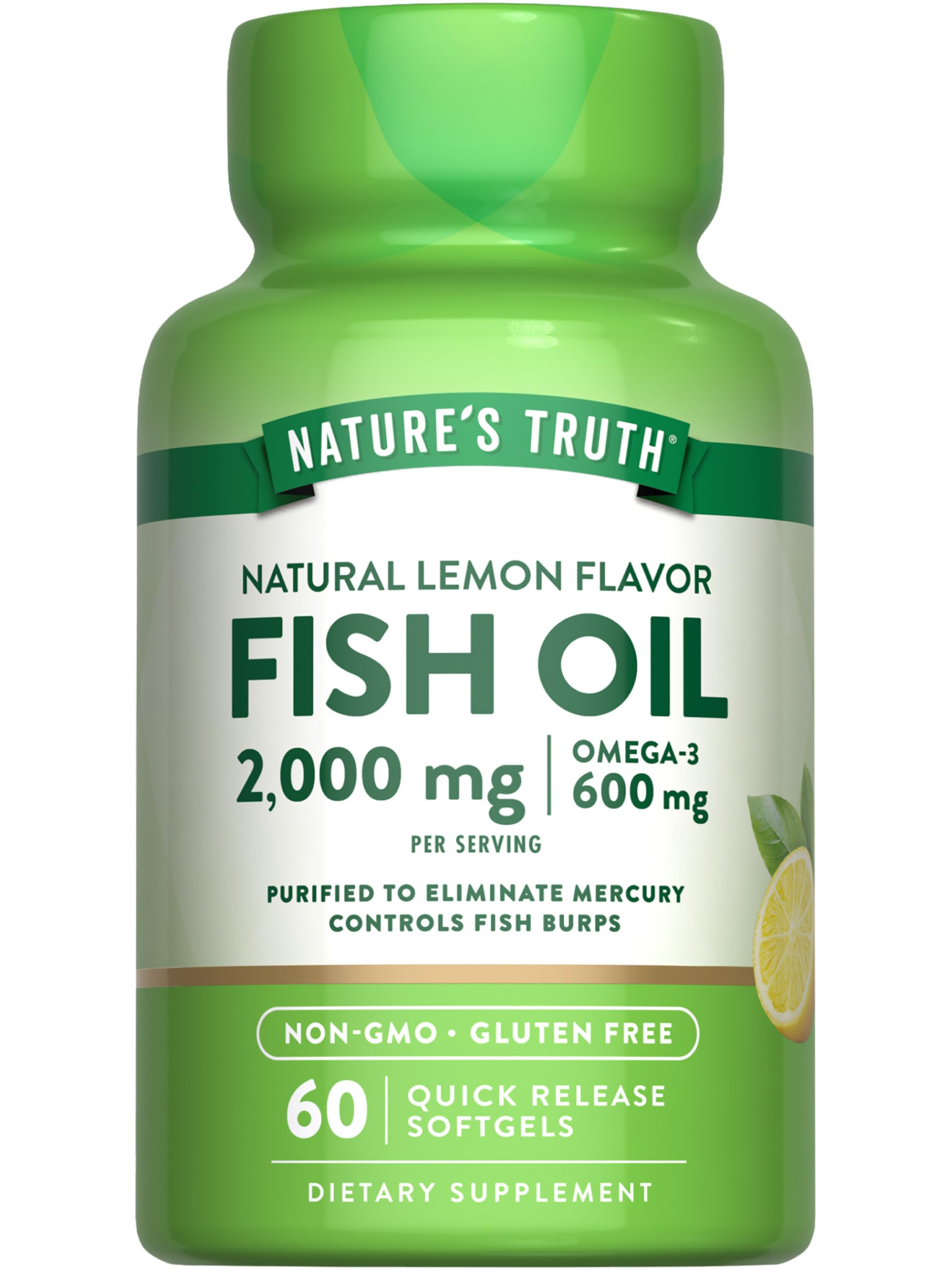 Nature's Truth fish oil bottle front highlights 2000 mg omega-3 per serving.