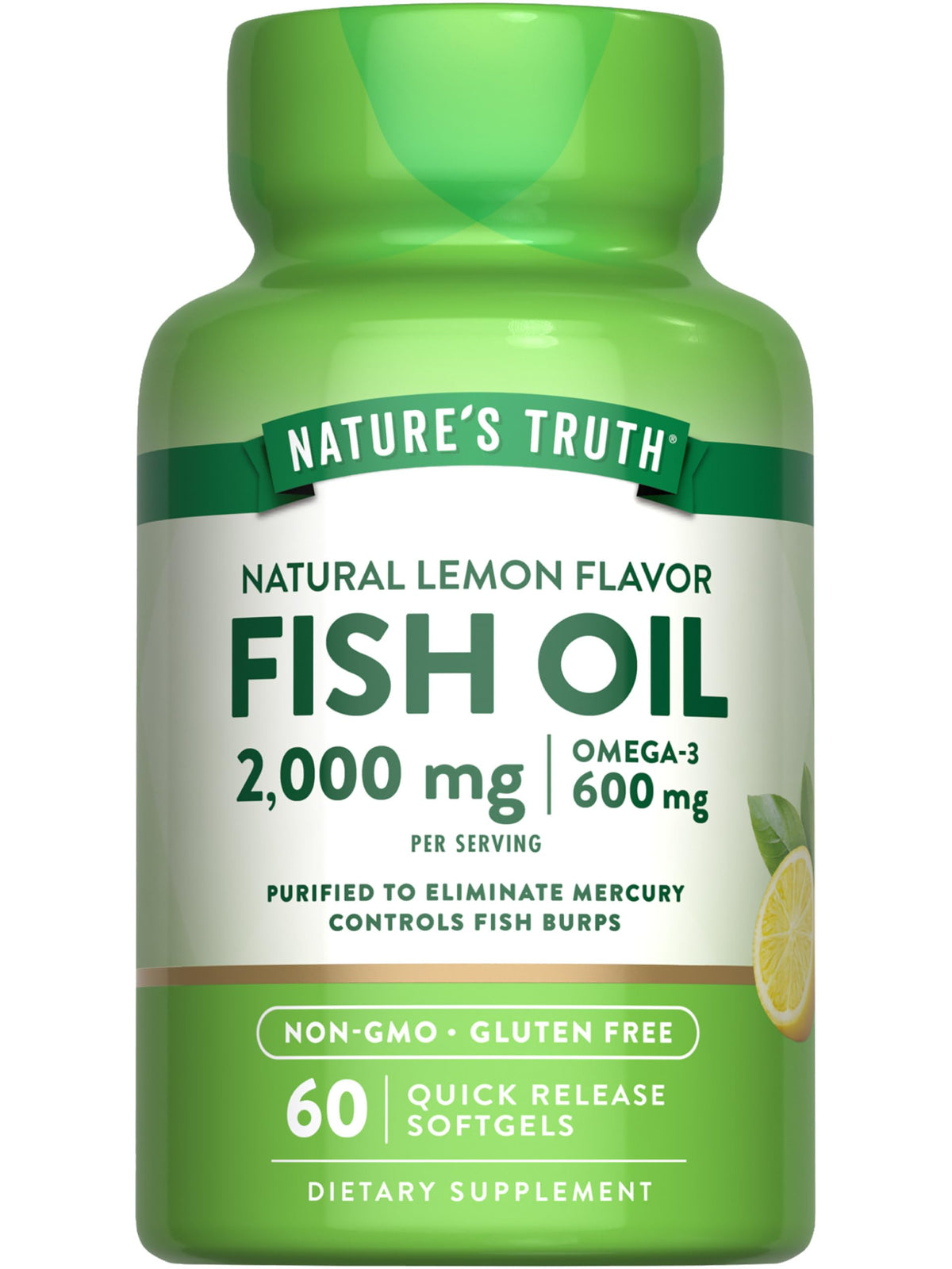 Nature's Truth fish oil bottle front highlights 2000 mg omega-3 per serving.