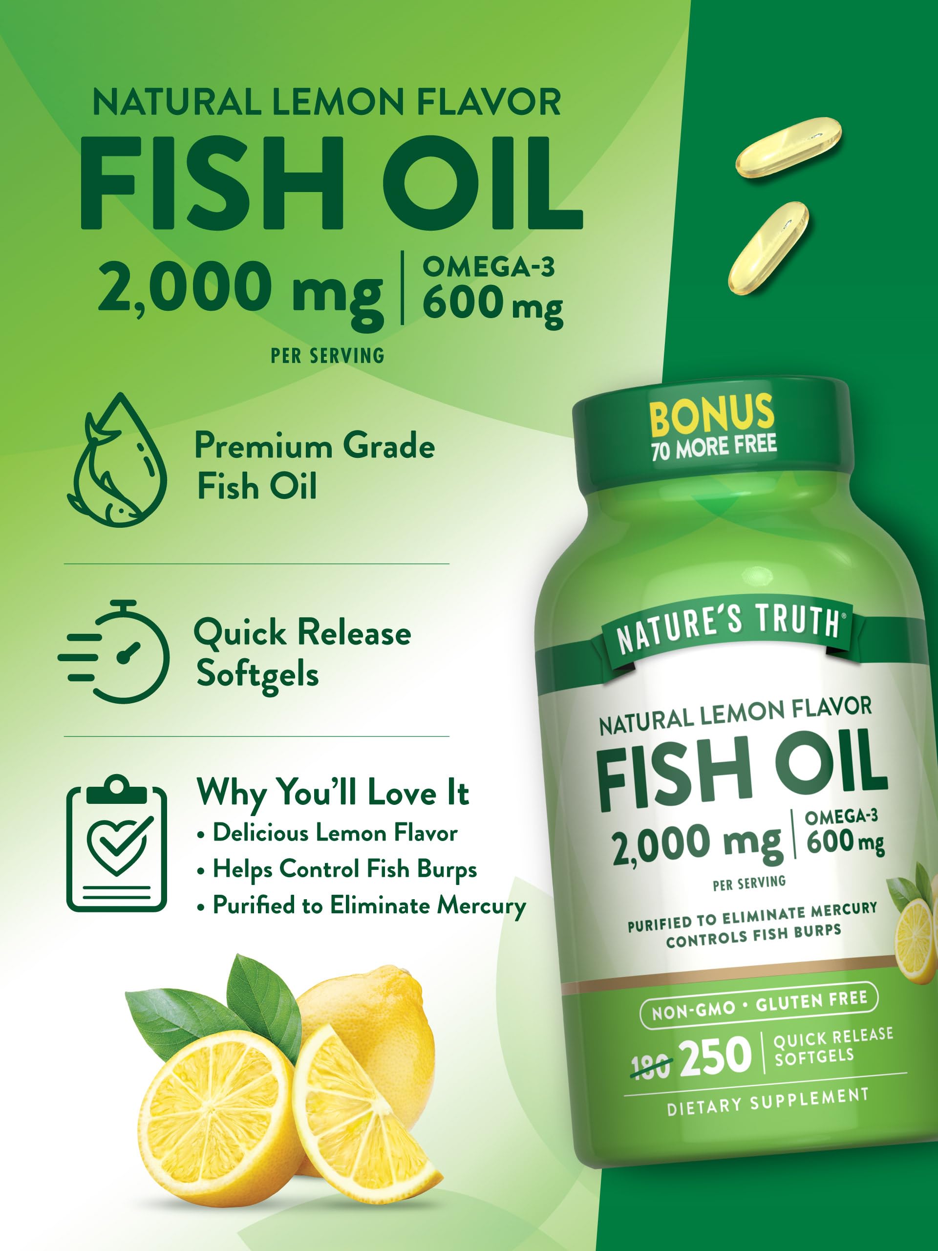Nature's Truth bottle features gluten-free and dairy-free notes for dietary needs