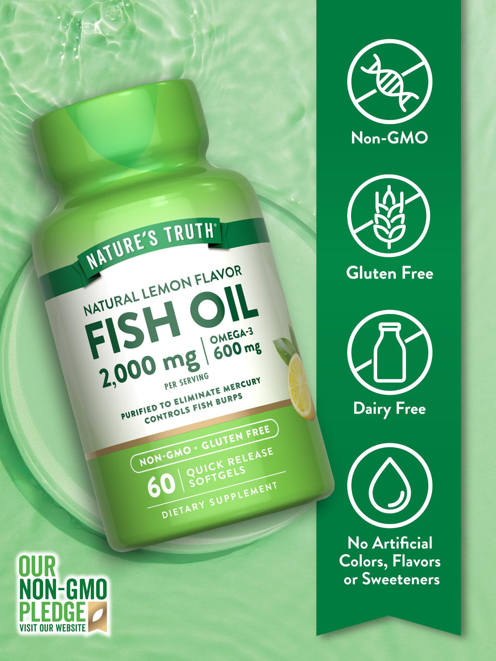 Nature's Truth fish oil bottle label communicates purity and quality.