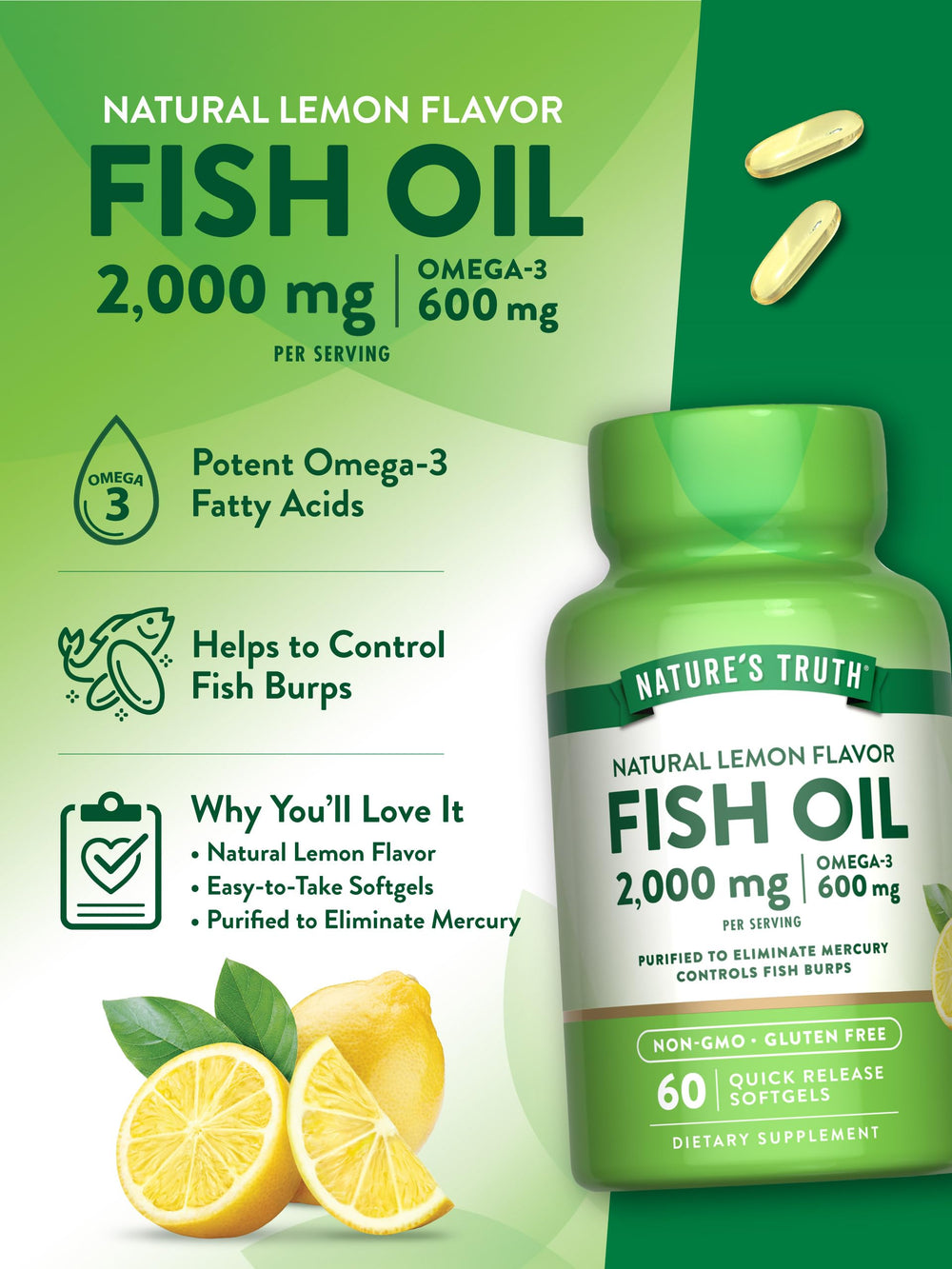Nature's Truth fish oil capsules closeup emphasizes softgel texture.