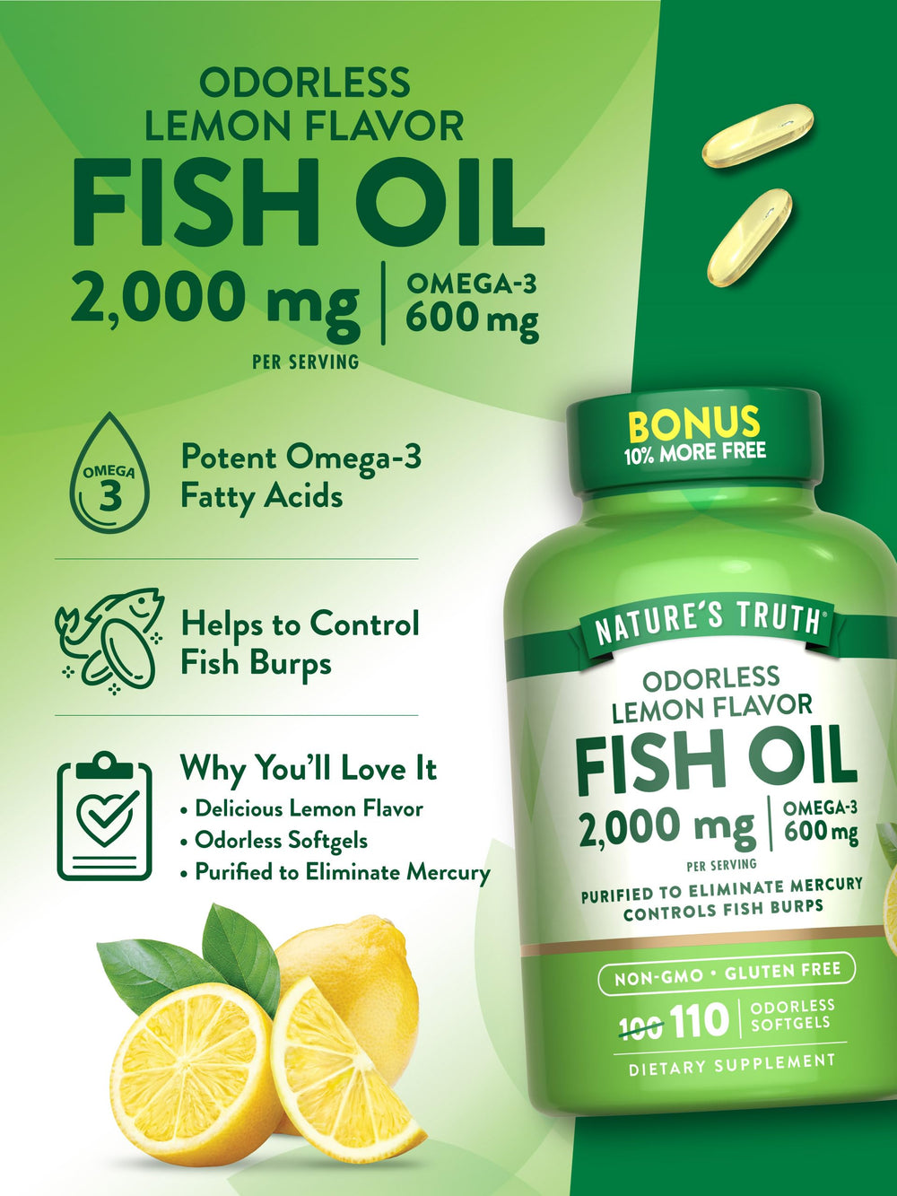 Gluten-free and non-GMO Nature's Truth Fish Oil suitable for sensitive diets.