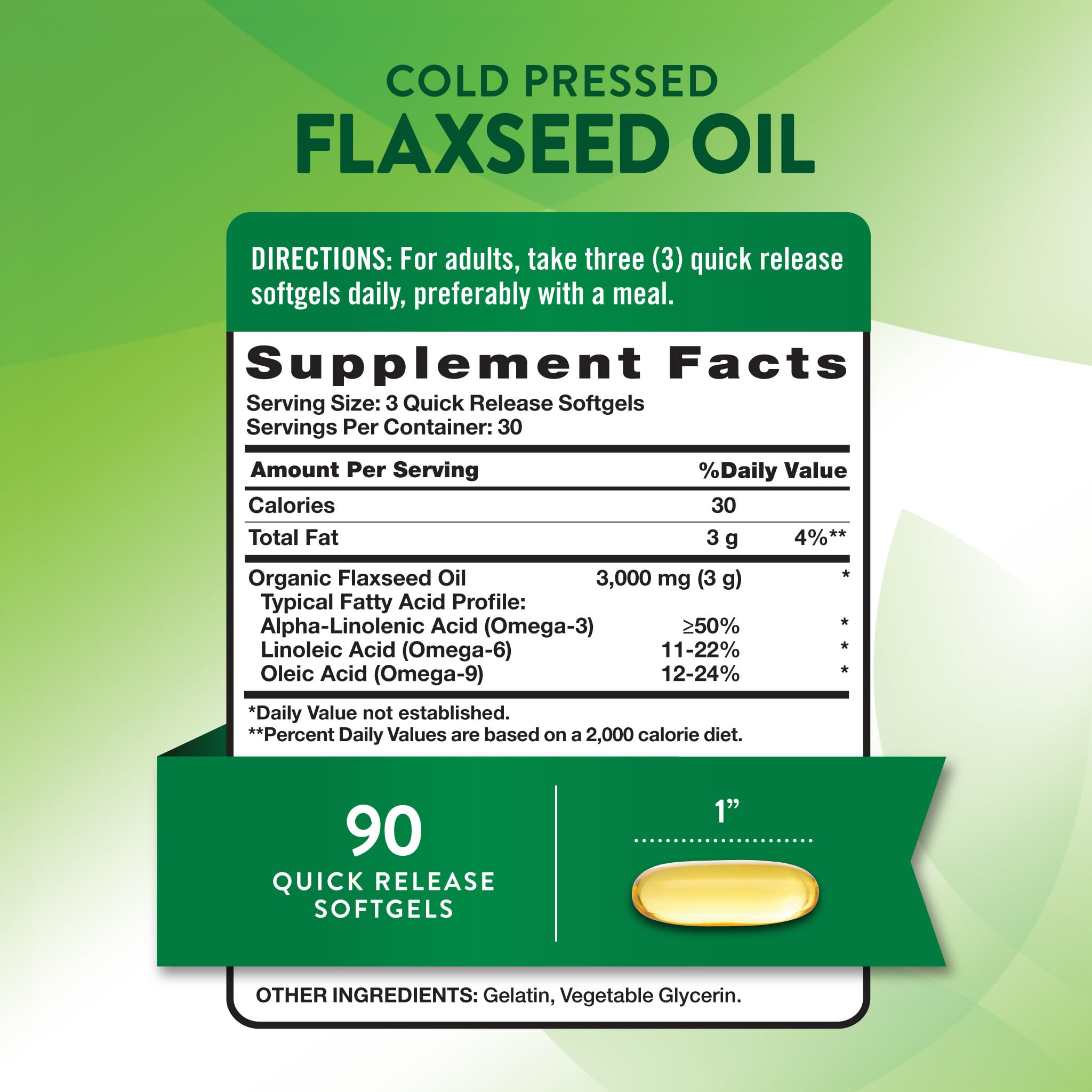 Nature's Truth flaxseed oil softgels bottle back showing gluten-free and non-GMO labels