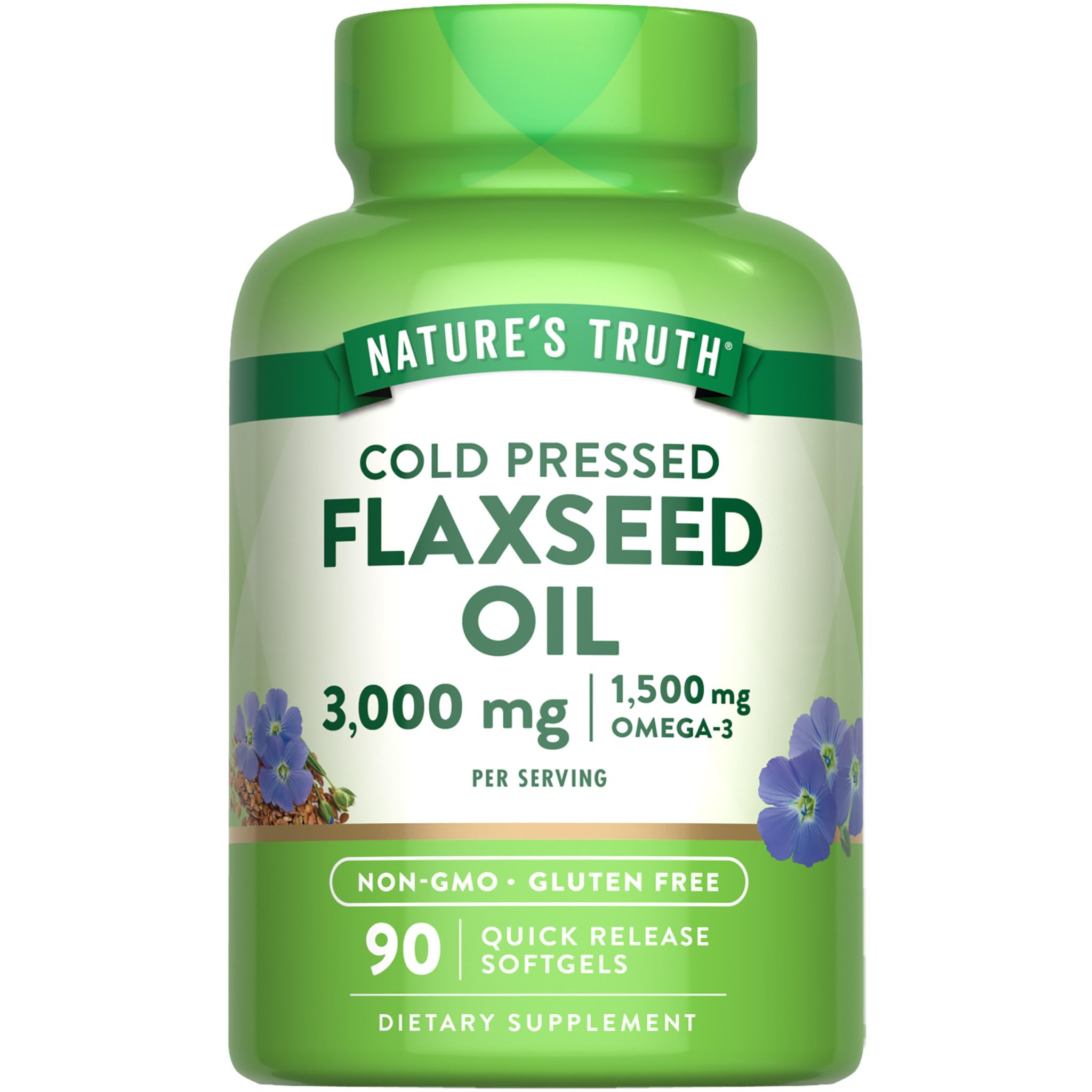 Nature's Truth flaxseed oil softgels bottle front highlighting 3,000 mg per serving