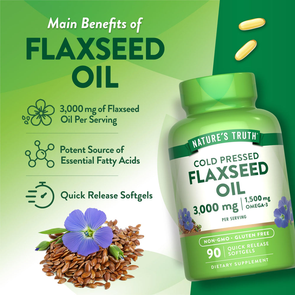 Nature's Truth flaxseed oil softgels capsules closeup emphasizing omega fatty acids