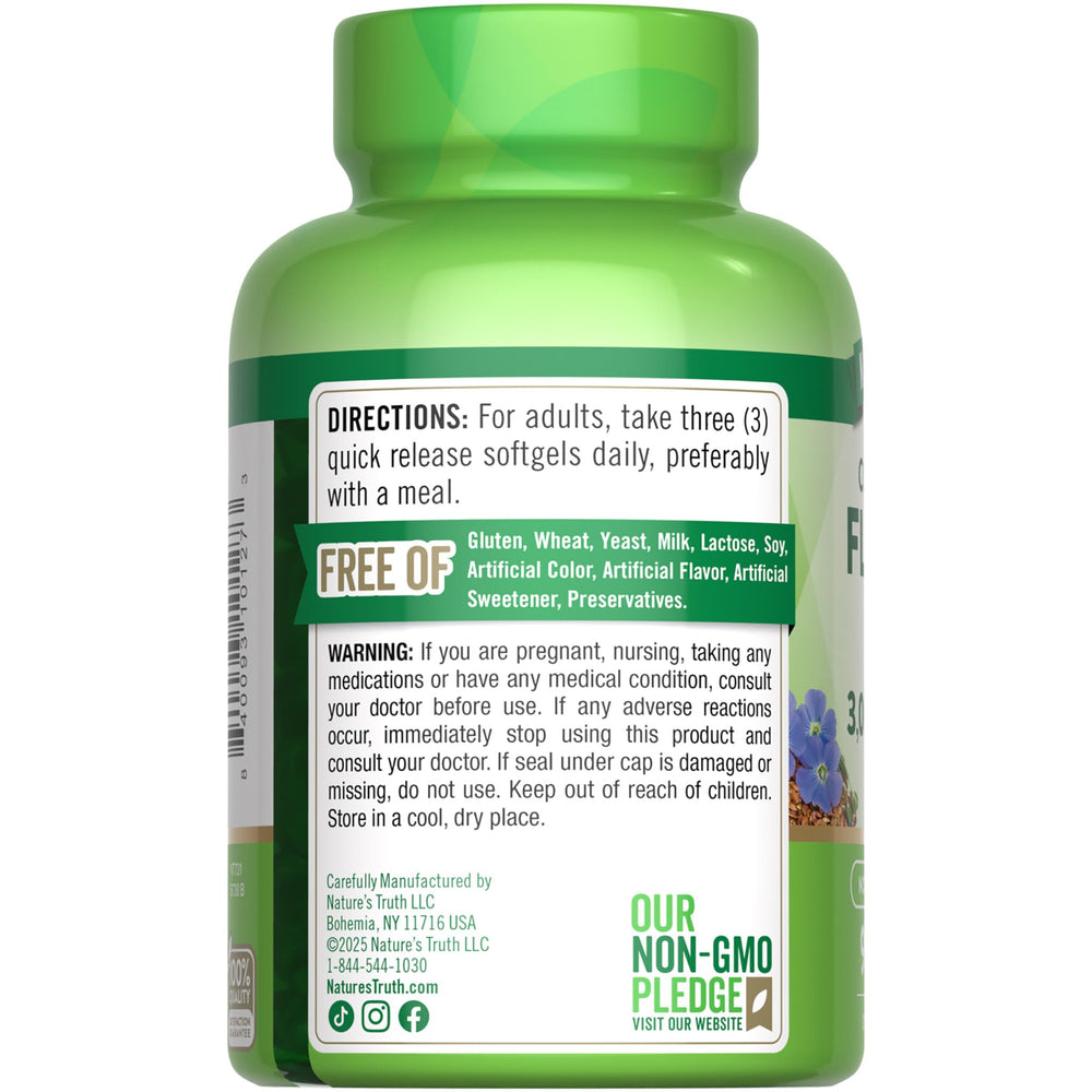 Nature's Truth flaxseed oil softgels bottle packaging showing brand and quality promise