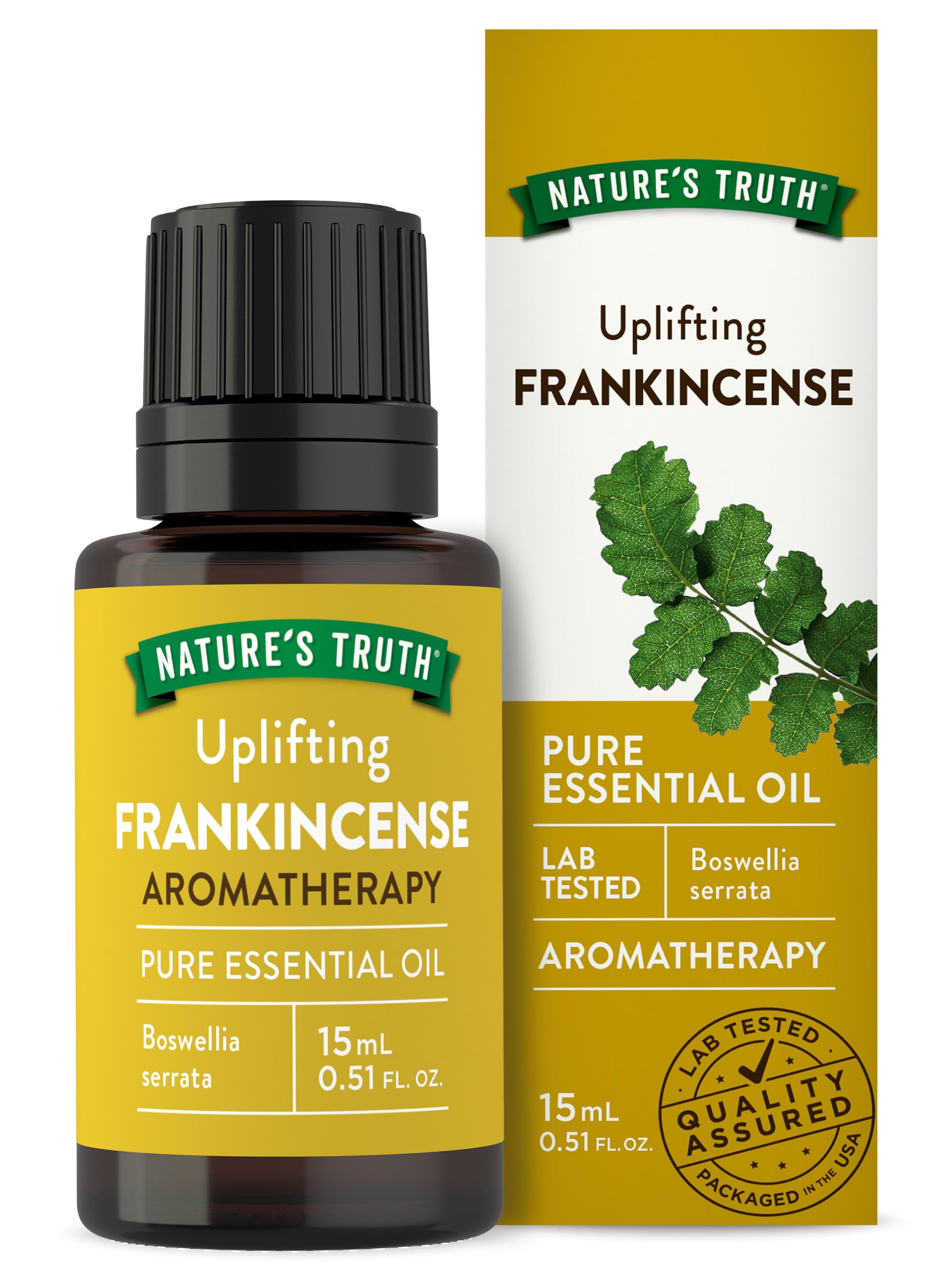 Nature's Truth frankincense essential oil bottle for diffusers with warm citrus aroma