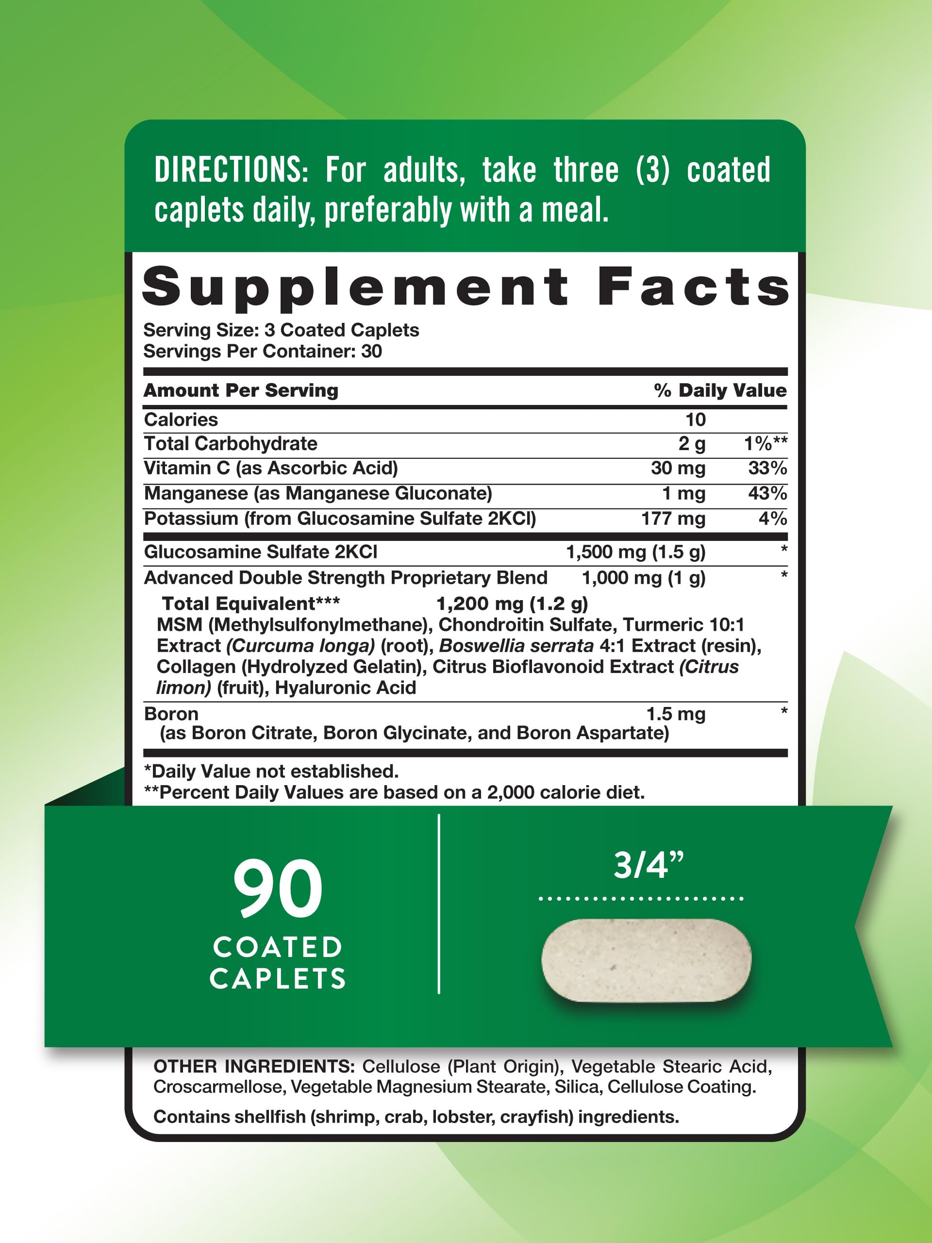 Nature's Truth glucosamine sulfate 2KCl caplets close-up, highlighting 1500 mg per serving convenience.
