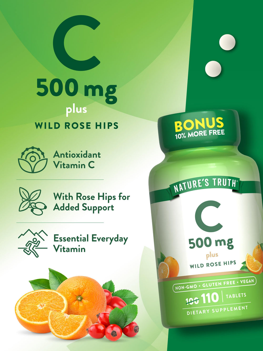 Gluten-free label on Nature's Truth Vitamin C with Rose Hips.