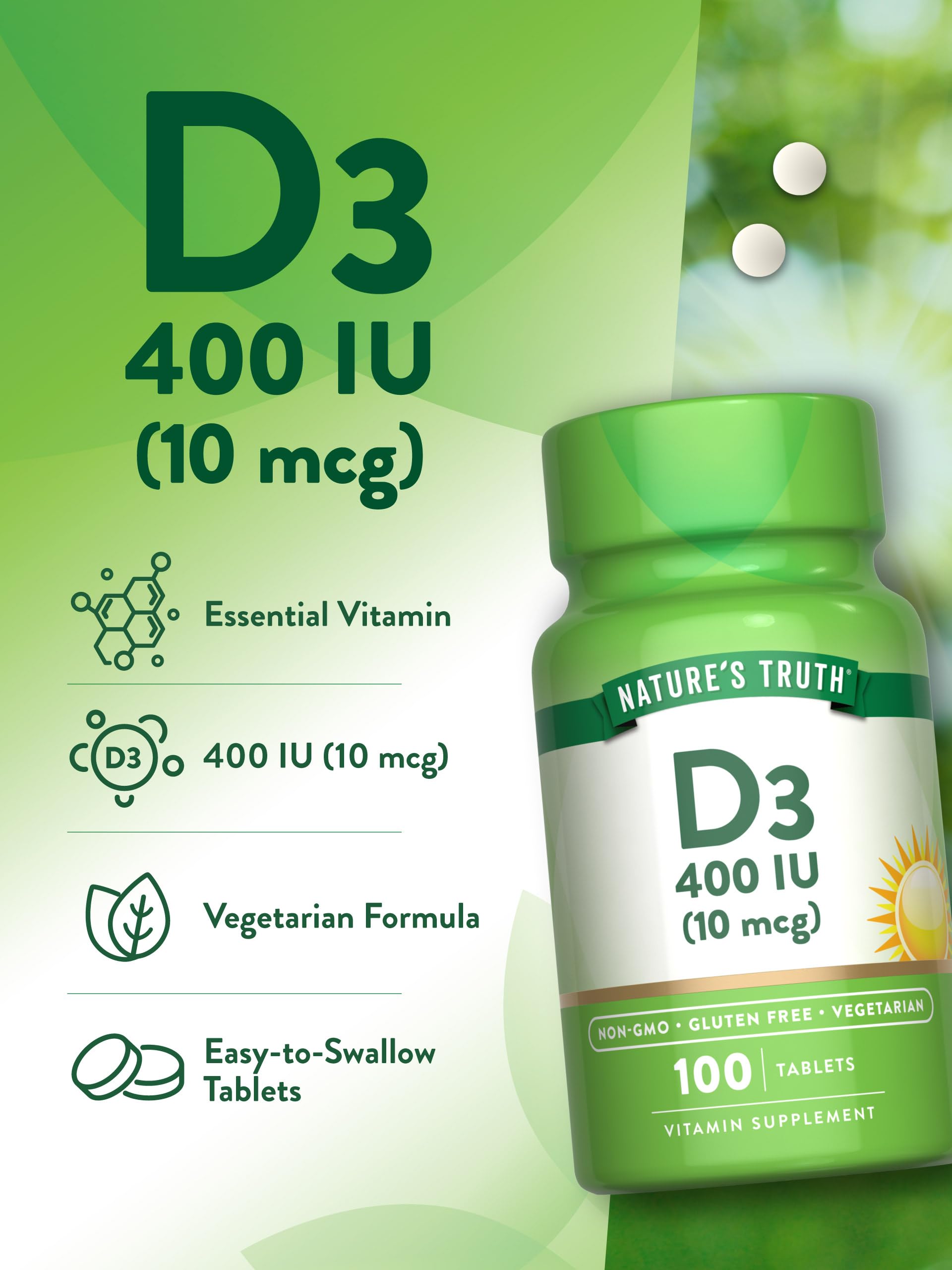 Nature's Truth Vitamin D3 gluten-free and non-GMO label for dietary fit